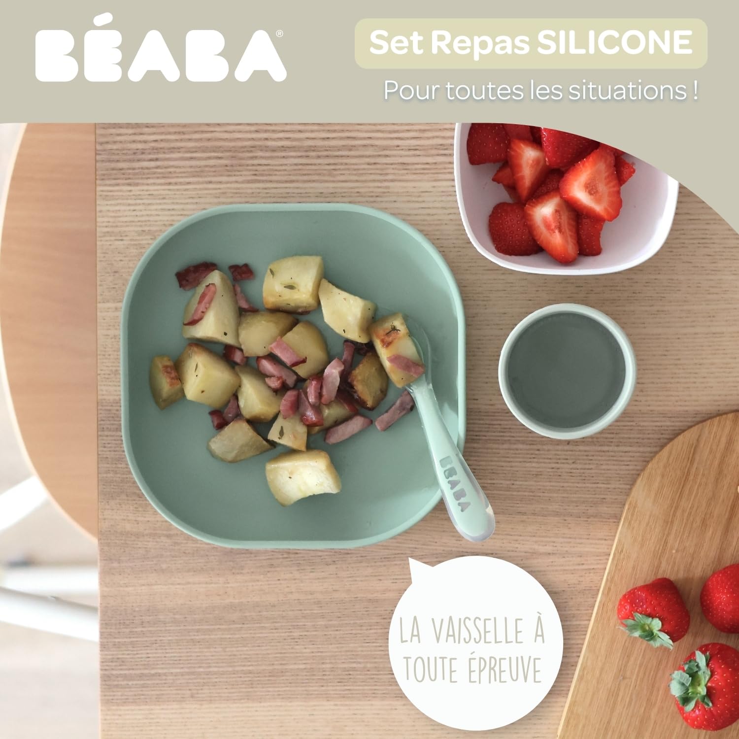 BÉABA, Silicone Baby Meal Set, with Suction Cup, Non-Slip, 4 Pieces, Plate + Bowl + Glass + Spoon - Image 3