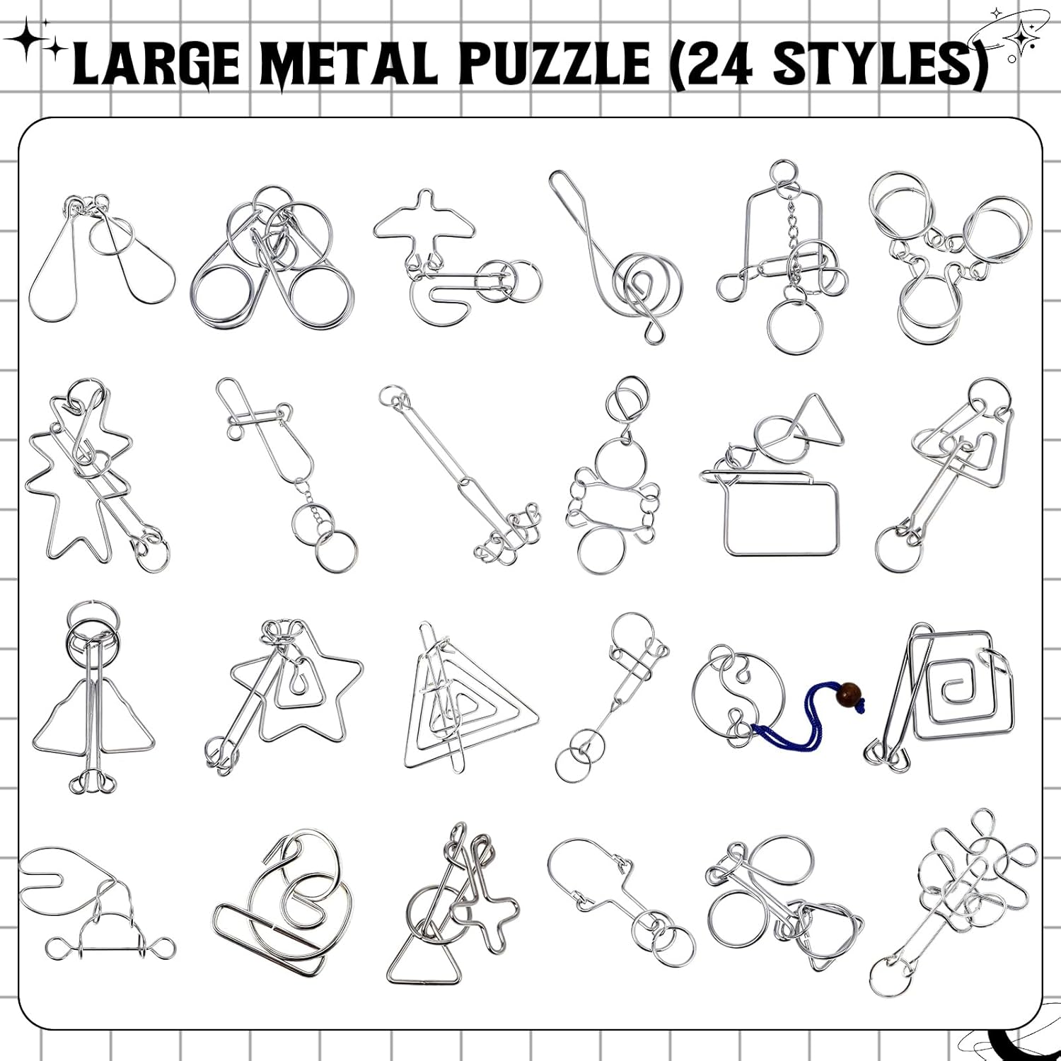 Yilloog 24 Packs Large Metal Bulk IQ Wire Metal with Paper Box Gift Package Educational Valentine Gifts Easter for Party Favor Adults Challenge Gifts(Black,Unique Styles)