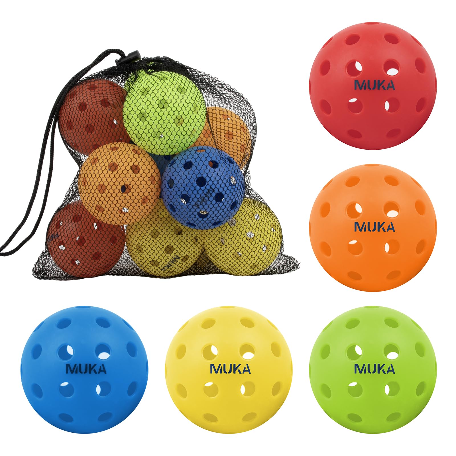 Muka 10 Pack Pickleball Balls with Drawstring Bag, Colored Outdoor 40 Holes Pickleball Balls