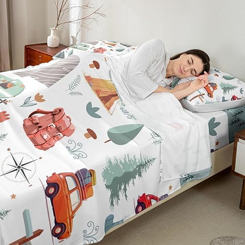 Miniatura 4 de Juego de sábanas de camping Happy Camping para niños Queen 4 piezas, juego de ropa de cama de autocaravana, juego de sábanas de accesorios de coche