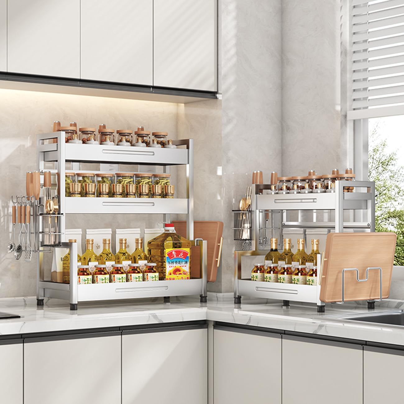 Étagère à épices à 3 niveaux pour comptoir de cuisine, étagère de rangement sur pied, organiseur de bureau, étagères de rangement en acier inoxydable, pour cuisine, salle à manger, B, 50 cm