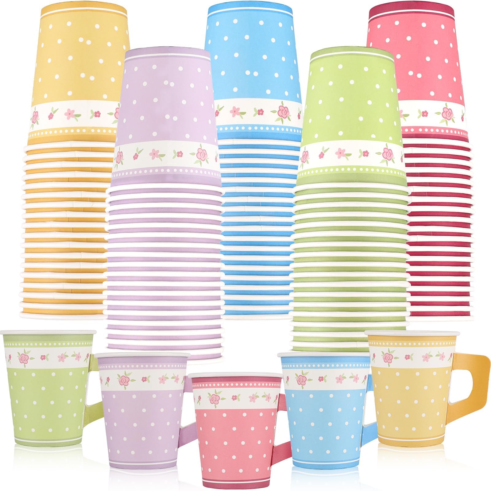 YLOLUL 100 Floral Paper Tea Cups Disposable Cups Tea Party Supplies Colorful Flower Teacups with Handle Drink Paper Teacups for Tea Party Supplies Baby Shower Wedding Birthday, Severs Tea Party 100