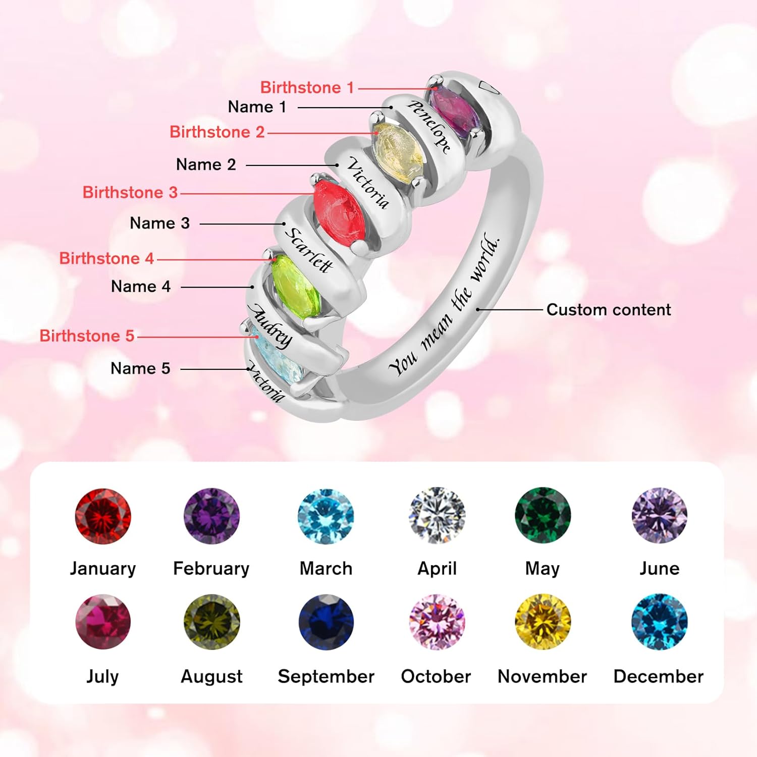 SYP S925 Sterling Silver Personalized Mothers Ring with 1-6 Names & Birthstones for Women Custom Name Ring for Mom Grandma Girlfriend Mothers Day Christmas Gift