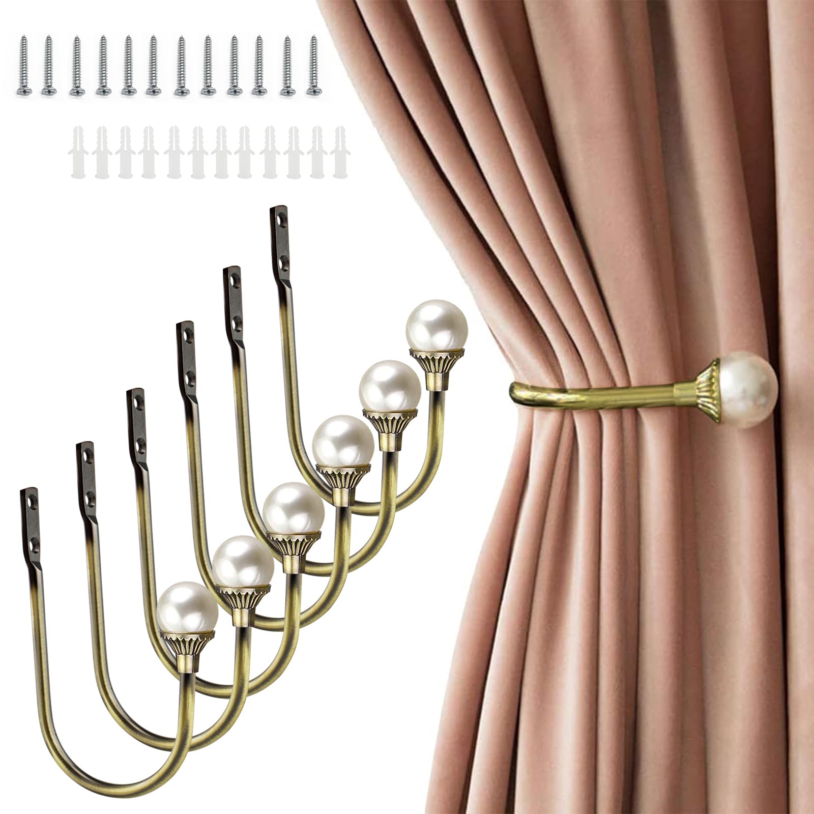 Coolnice Lot de 6 embrasses de rideaux murales en plastique avec perles en forme de U avec vis pour la maison et le bureau - Bronze antique