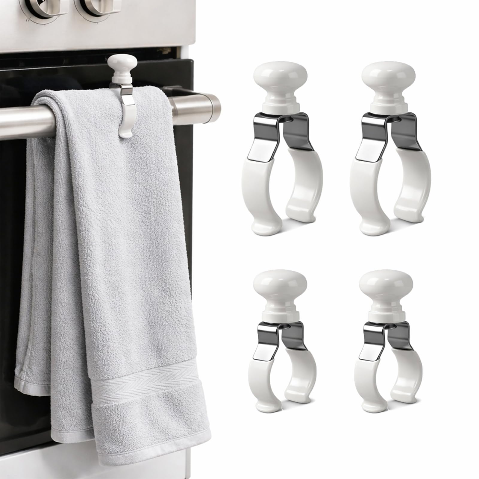 Confezione da 4 Mollette per Asciugamani in Acciaio Resistente al Calore – Impediscono la Caduta degli Asciugamani da Maniglie del Forno, Fornelli, Lavastoviglie e Mensole del Bagno