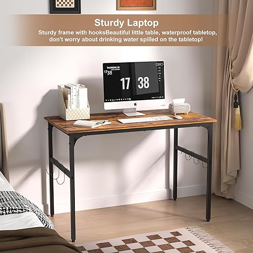 Miniatura 3 de VECELO Escritorio de madera estable para computadora de 44 pulgadas, 6 ganchos, pies ajustables, escritorio de madera para el hogar, dormitorio,