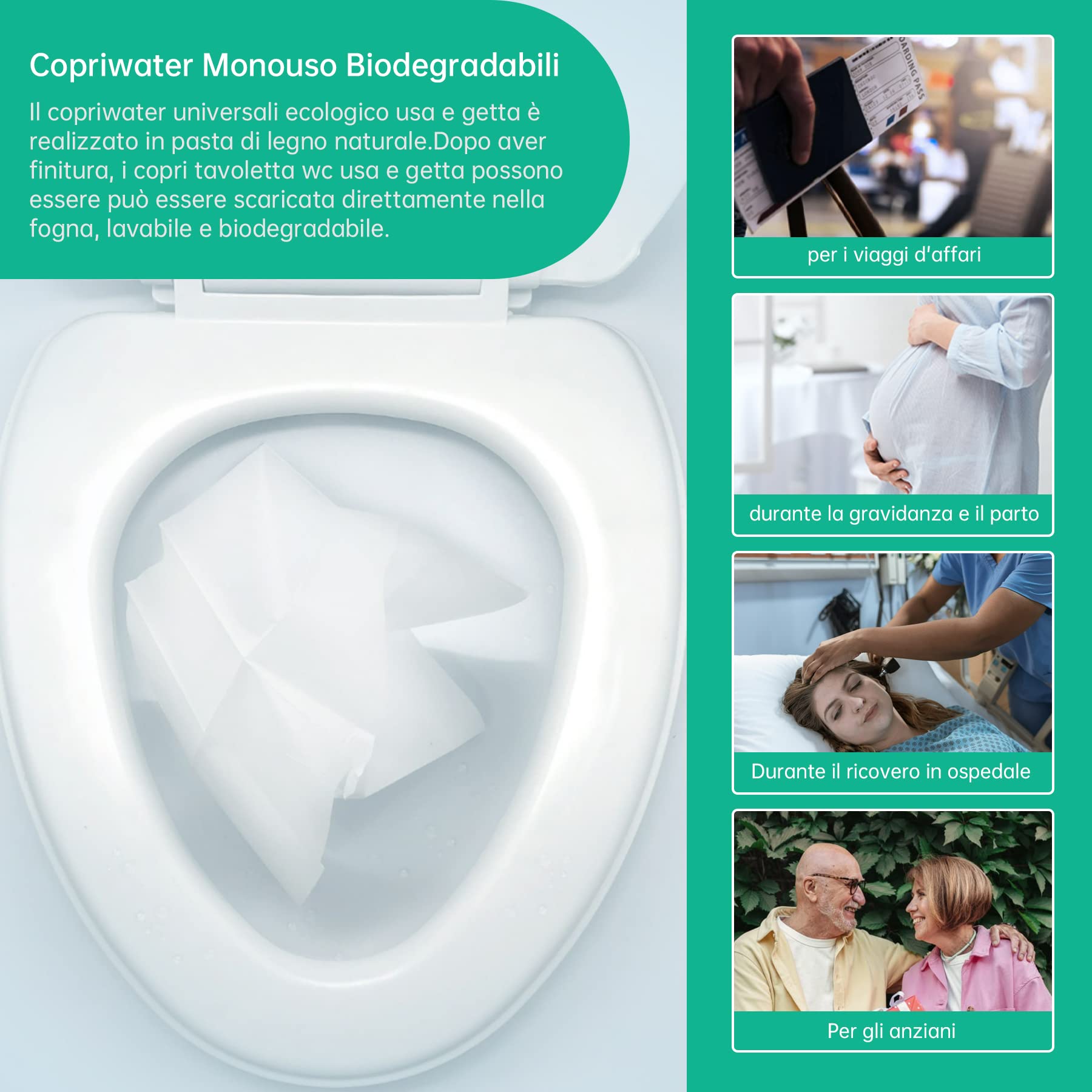 Coprisedili WC Carta 6 Confezioni 60 Pezzi Copriwater Usa e Getta Biodegradabili per Bambini e Adulti