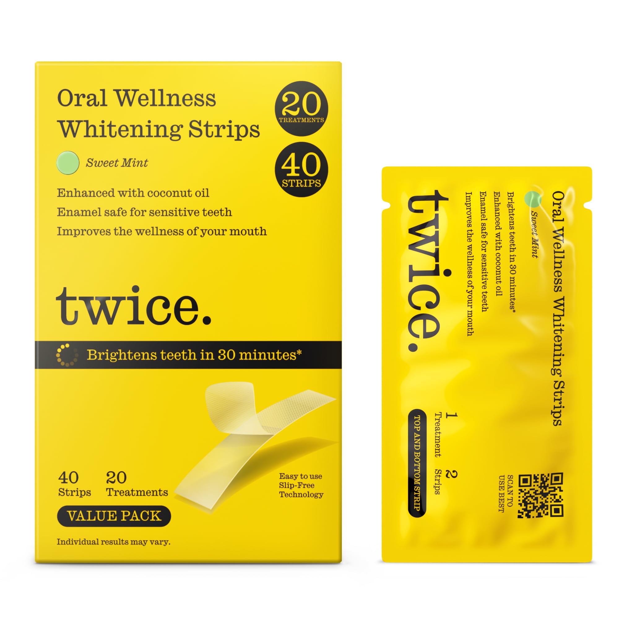 Twice Twice Teeth Whitening Strips 20-Day Treatment 30-Mins Quick Whitening No-Slip Mess Free Easy to Use Sweet Mint