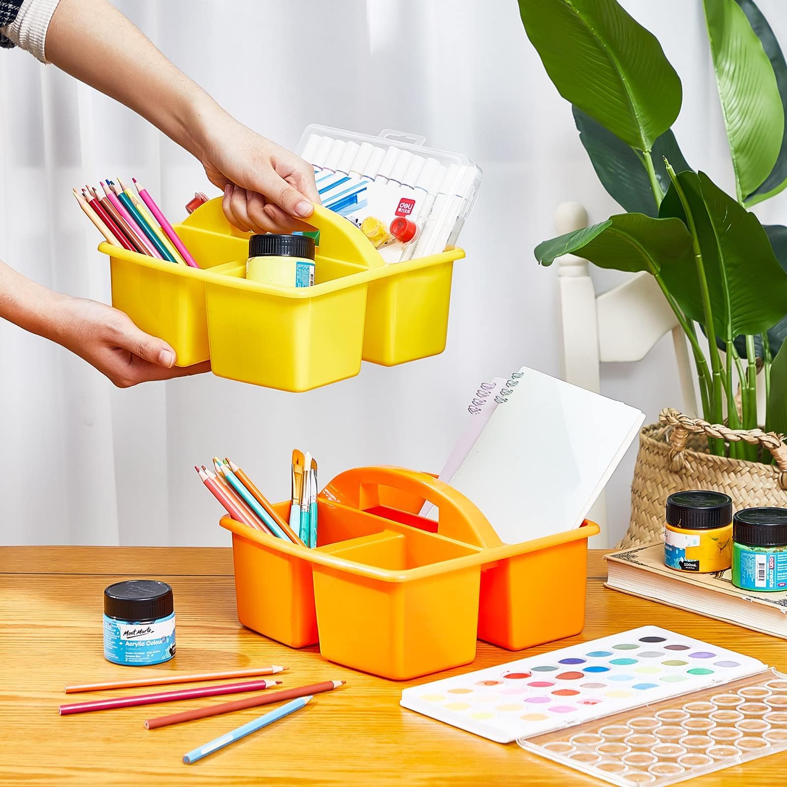 Cestino portaoggetti portatile diviso, impilabile, in plastica, per forniture artistiche dell'asilo, porta pennelli e cancelleria per scuole e uffici, confezione da 6