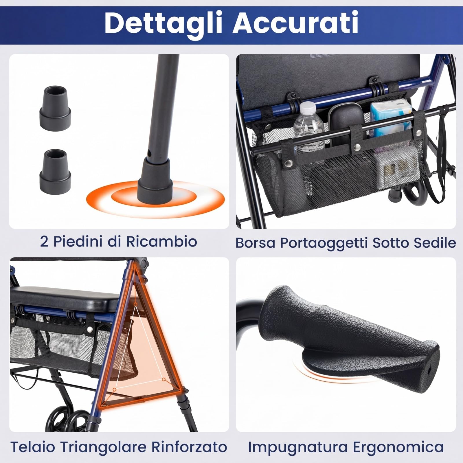 COSTWAY Deambulatore Pieghevole per Anziani, Girello a 4 Ruote con Sedile, Maniglie Regolabili a 8 Livelli, Schienale e Borsa a Rete, Deambulatore Rollator Ultraleggero per Disabil, Portata 136 kg