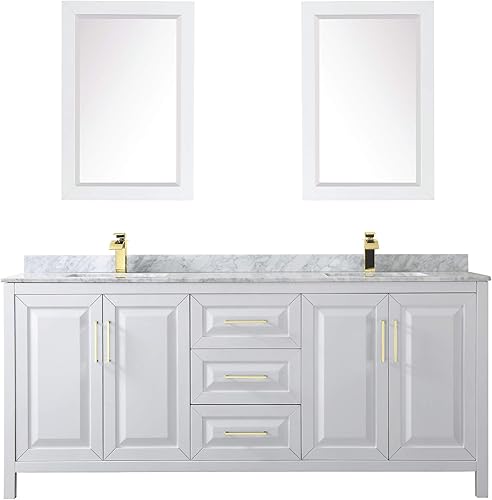 Miniatura 4 de Daria 80 Inch Double Bathroom Vanity in White, White Carrara Marble Countertop, Undermount Square Sinks, 24 Inch Mirrors, Brushed Gold Trim