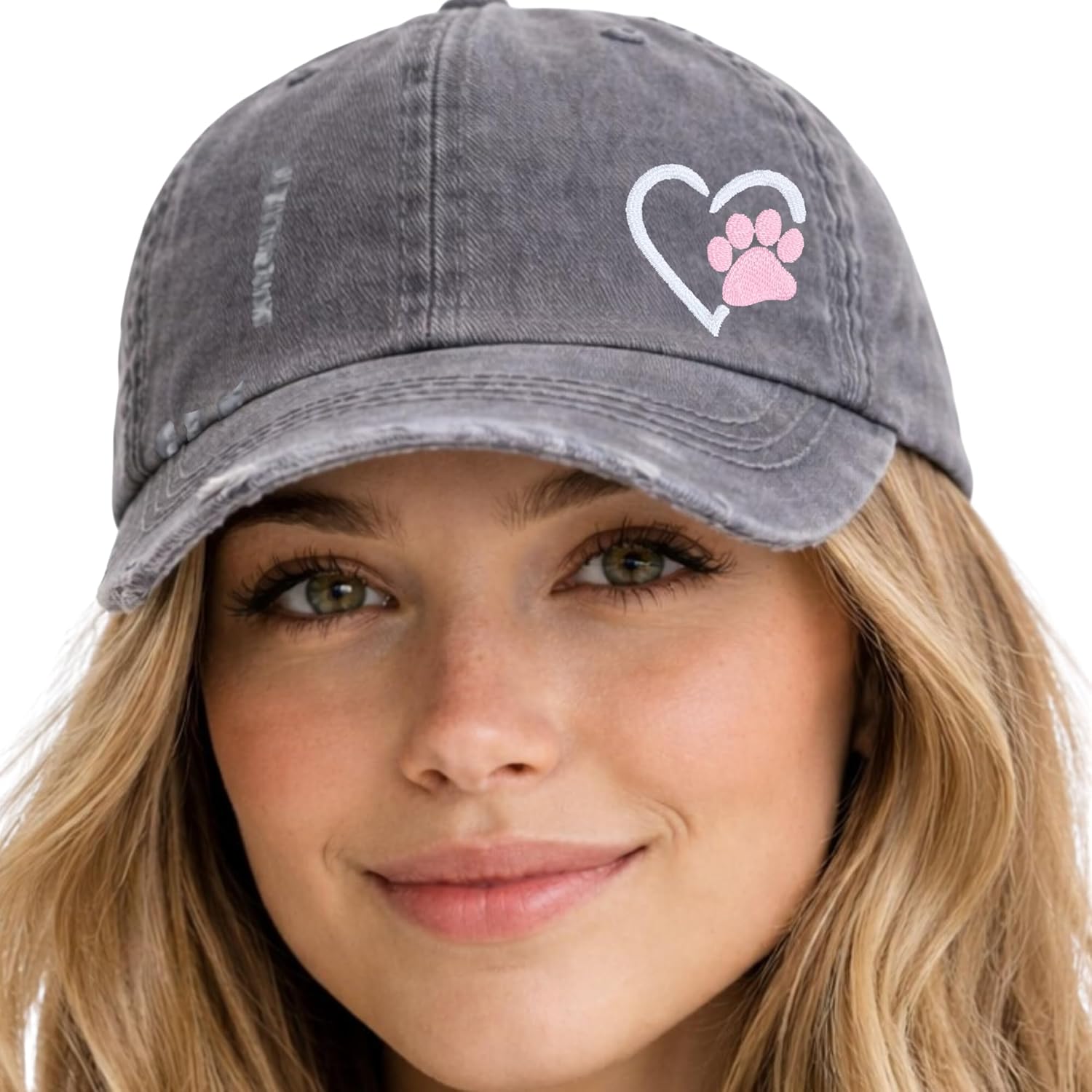 Women's Paw Print with Heart Shape Dog Hat, Baseball or High Ponytail Cap, Gift for Female Girl Dog Lover Owner, New Puppy Embroidered Gift