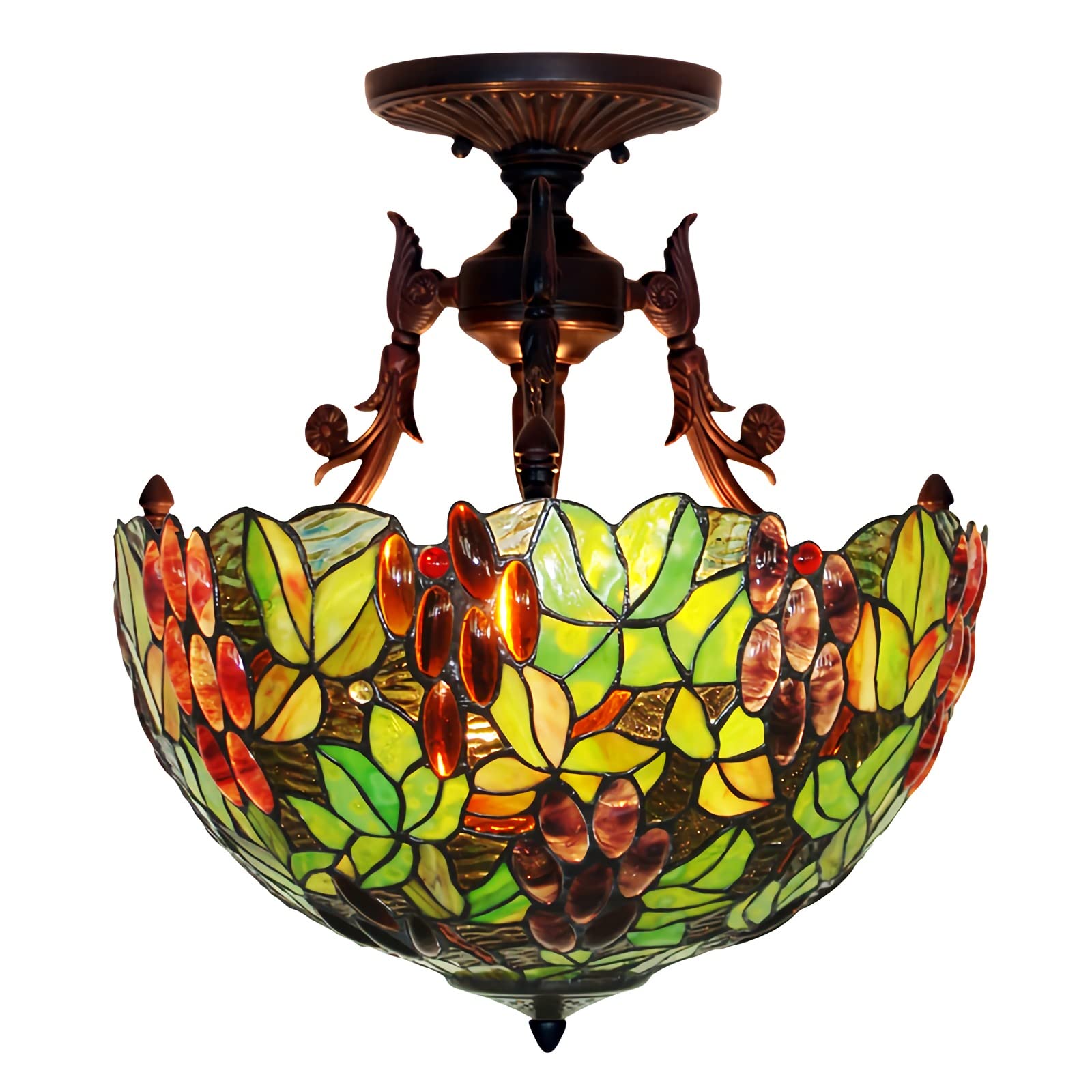 YNIYUJKL 16 Inch Tiffany-Style Chandeliers Dimmable Stained Glass Ceiling Lamp, Vintage Grape Ceiling Pendant Light For Living Room Bedroom Kitchen
