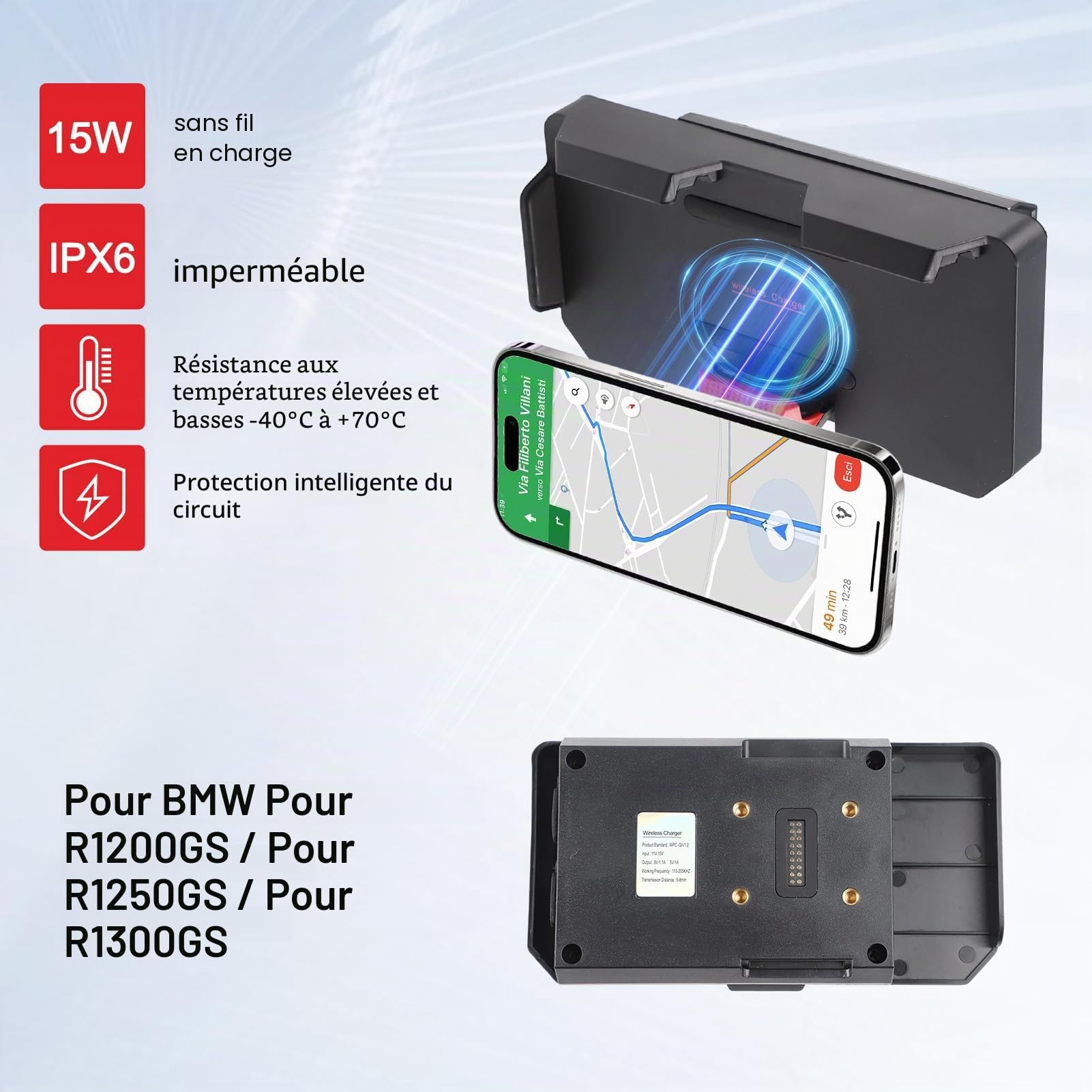 DAZZLEEX Support de téléphone de navigation pour moto BMW avec chargement sans fil 15 W pour R1200GS R1250GS R1300GS IPX6 étanche 10,6 à 16,5 cm (logo rouge)