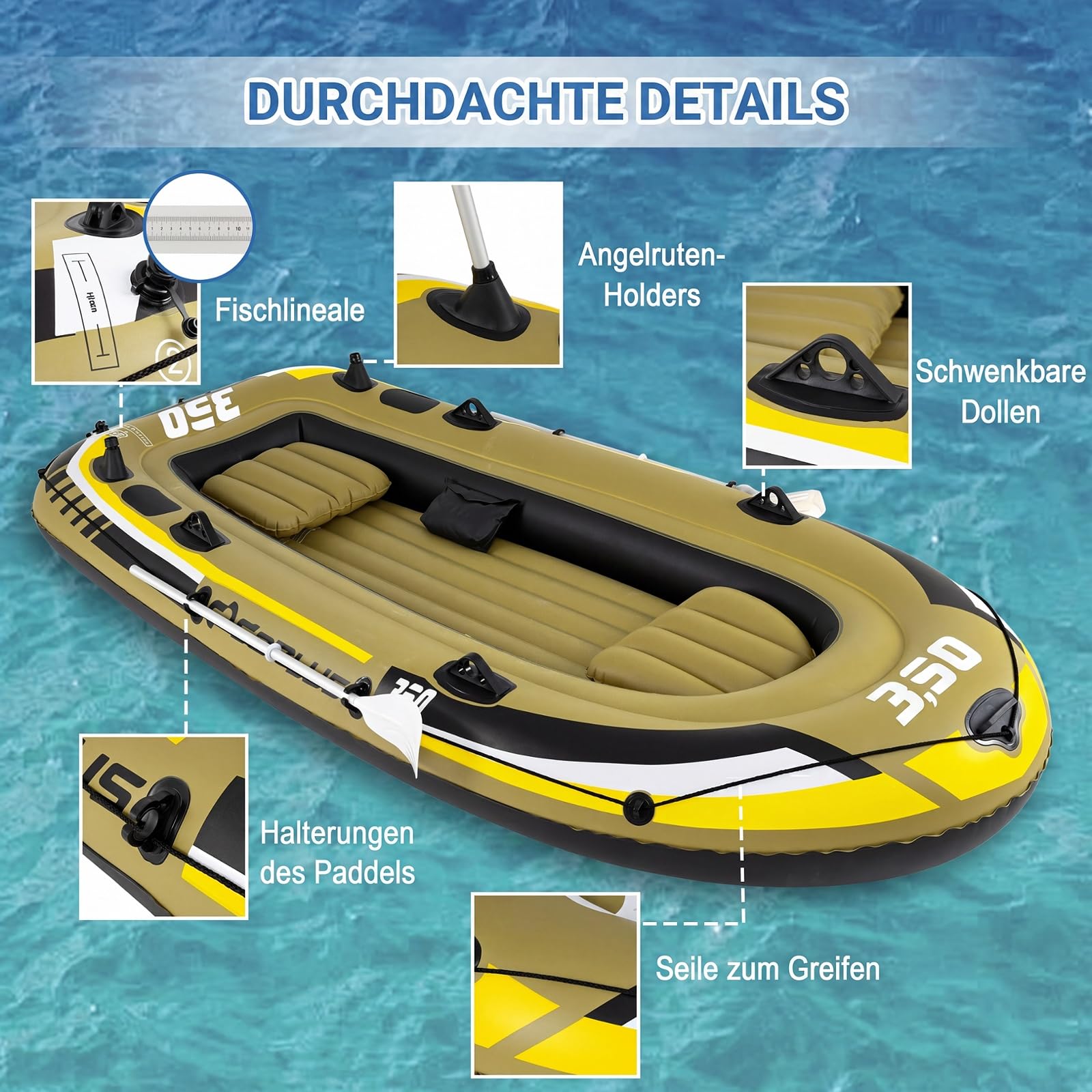 COSTWAY Schlauchboot für 3 Personen, aufblasbares Boot mit 2 Paddeln, Handpumpe, Fischmaßbändern & Angelrutenhaltern, 305 x 136 x 42 cm
