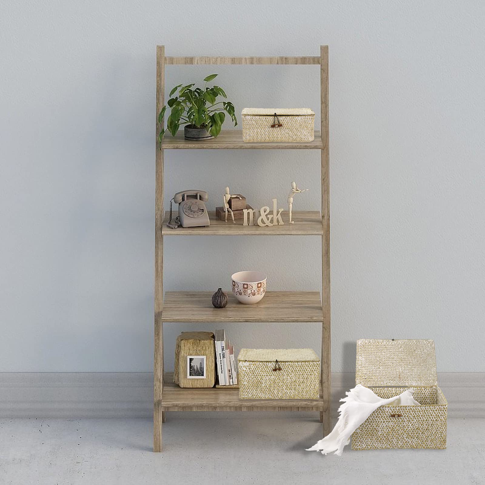 Hipiwe Set mit 3 Weidenkörben mit Deckel – groß, handgewebt, Seegras, Regalkorb, Behälter, rechteckig, stapelbar, Haushalts-Organizer, Boxen für Regal, Schrank, Kleiderschrank, Organizer, weiß