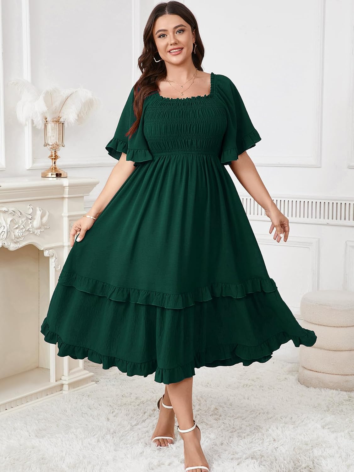 SCOMCHIC Women's Plus Size Maxi Dresses Summer Short Sleeve Square Neck Smocked Wedding Guest Cocktail Boho Long Dress - Image 3