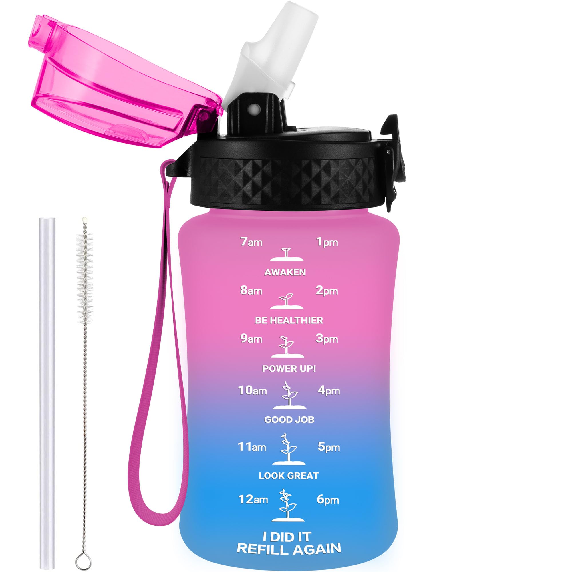 GOPPUS 350ml/12oz Kids Water Bottle With Straw Tritan Drinks Bottle with Strap Small Toddler Juice Bottles with Flip Top Lid Leakproof Children's Cup with Time Marking BPA free Girl Boy (Rose Blue)