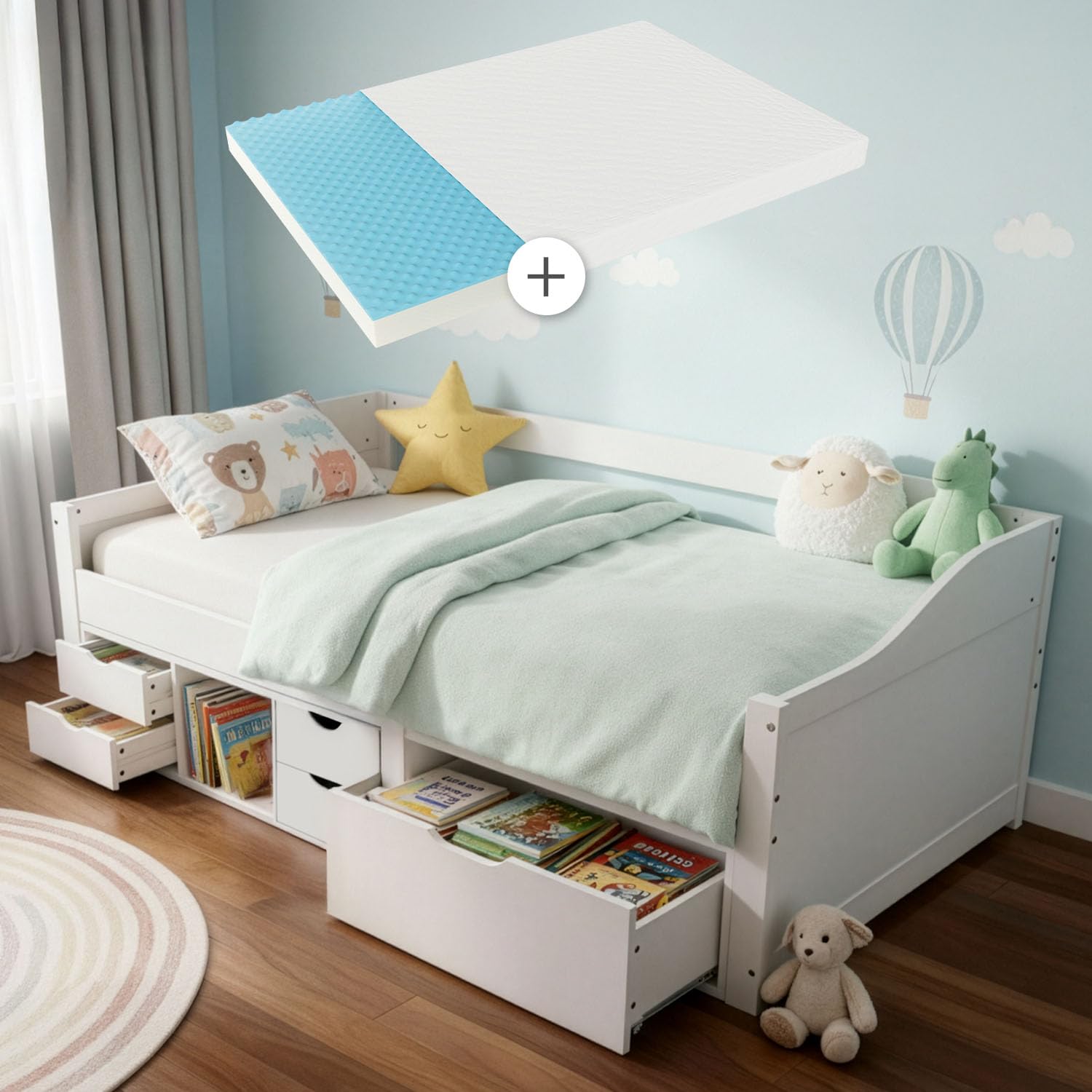 Juskys Funktionsbett Nalu – 90x200 cm, Stauraumbett mit Matratze, Lattenrost und Schubladen (Weiß)