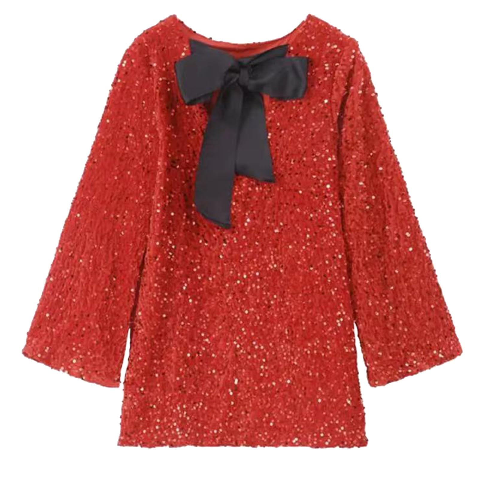 Pailettenkleider Für Damen Mit Fliege - Partykleid Rundausschnitt Glitzer Cocktailkleid Elegant - Pullover Kleid Frauen Blusenkleid Langarm Festlich Pailletten Kleider Glitzerkleid Abendkleid