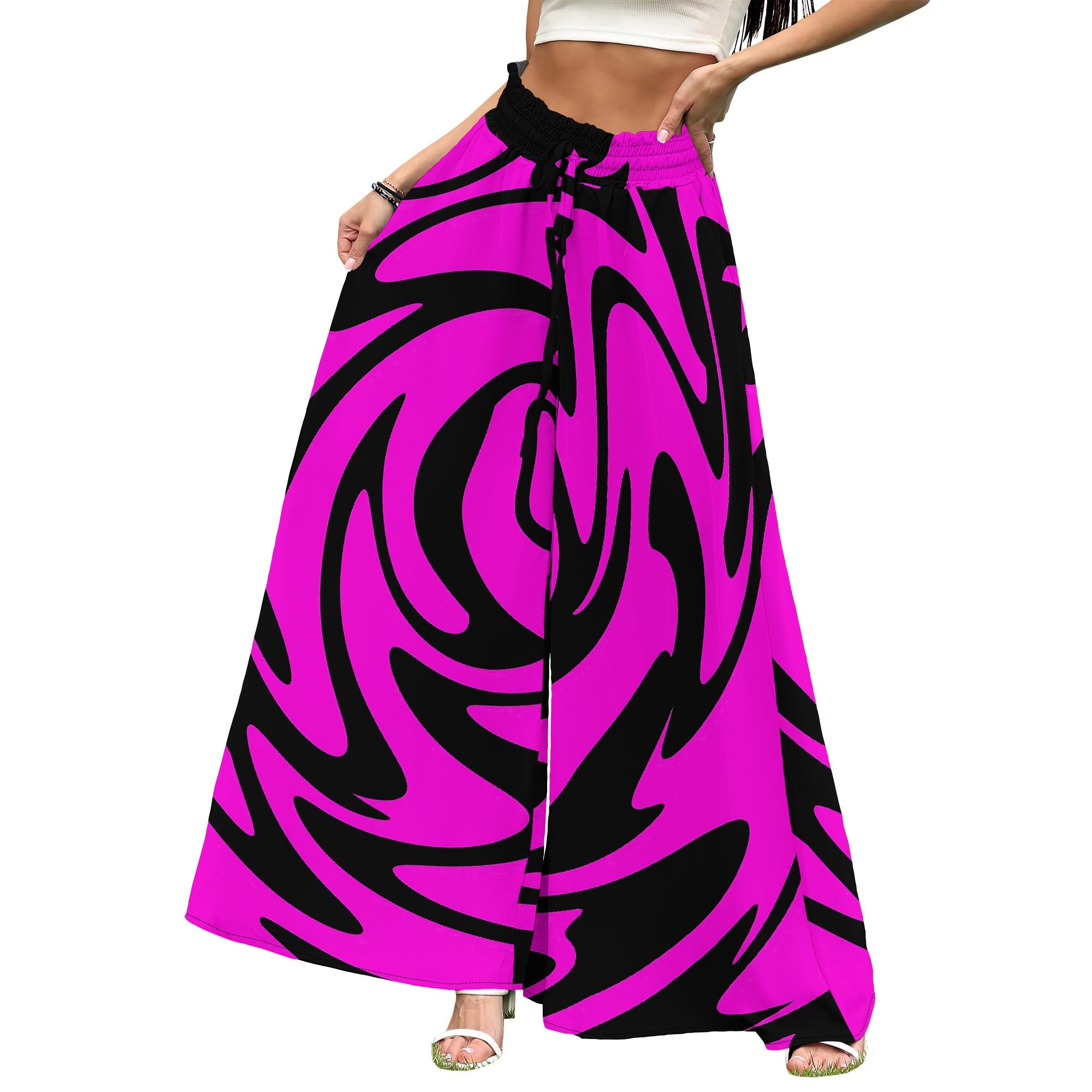 Women Casual High Waist Wide Leg Pants Floral Flowy Pocket Bagyy Drawstring Loose Palazzo Travel Beach Lounge Trousers