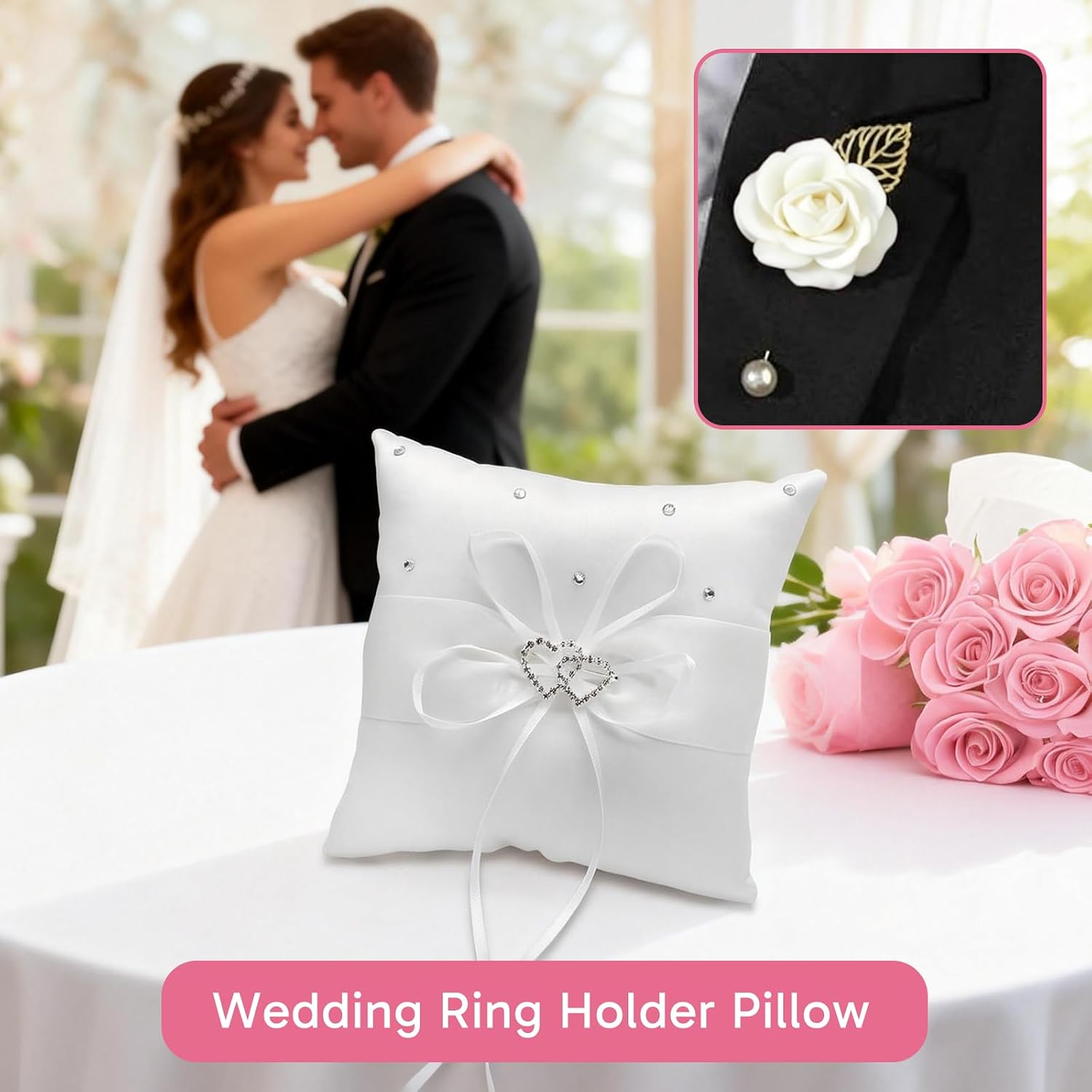 3 Pcs Ring Bearer Pillows, Set Includes 1 Ring Pillow and 2 Pearl Brooch Pins for Wedding Ceremony DecorationRing Pillow for Ring Bearer, White Ring Bearer Pillows