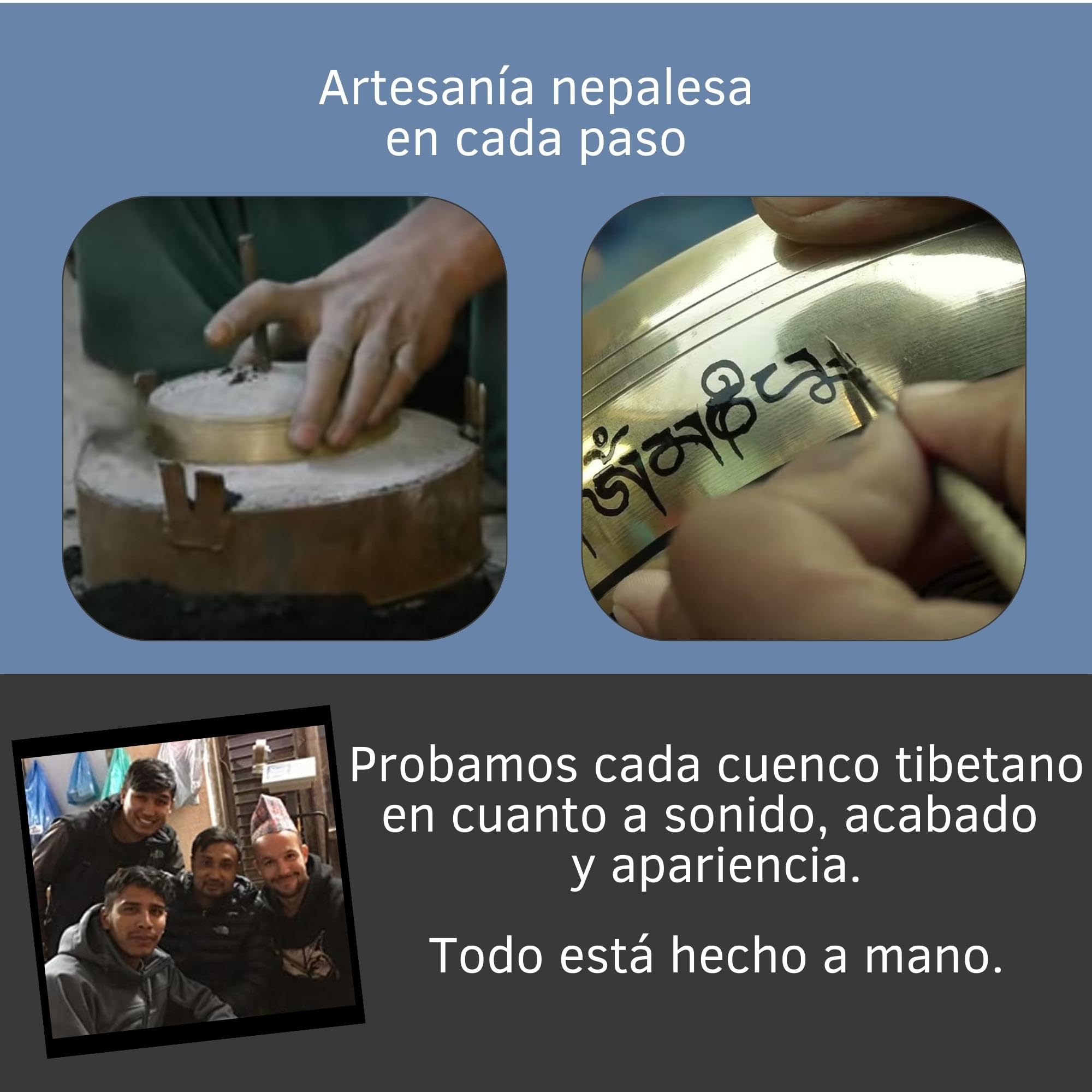 Cuenco tibetano hecho a mano en Nepal – Set tibetano para meditación - Yoga - Atención en la escuela - Caja de papel Lokta - Grabado en Nepālī