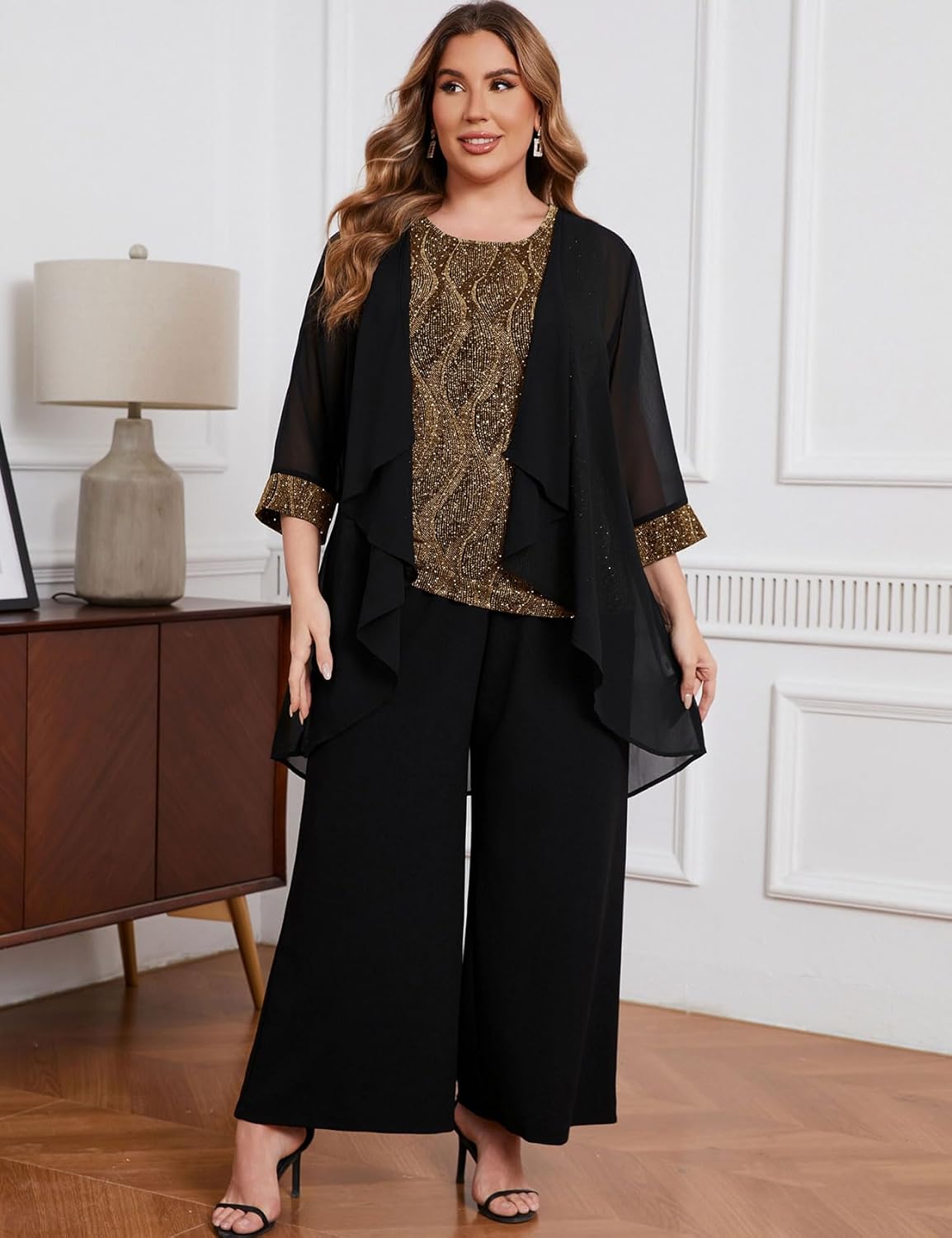 ZOMVA Plus Size 3 Piece Formal Pantsuit Sparkly Chiffon Jacket Set Dressy Outfit Mother of The Bride Groom Wedding Cocktail - Image 4