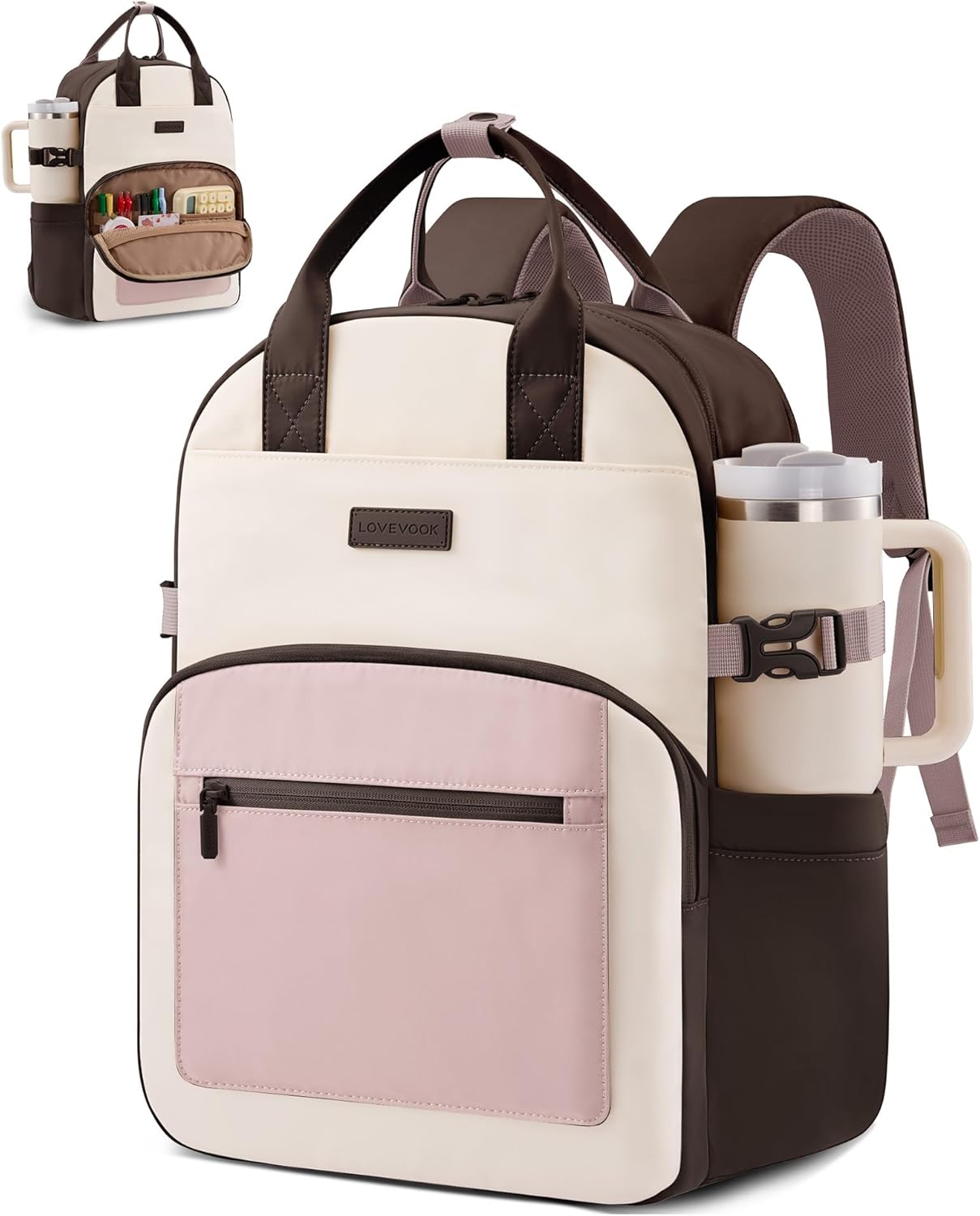 LOVEVOOK Laptop Backpack for Women - Stylish Work Backpack with Large Cup Holder, Waterproof College Teacher Backpack, Coffee, 15.6Inch