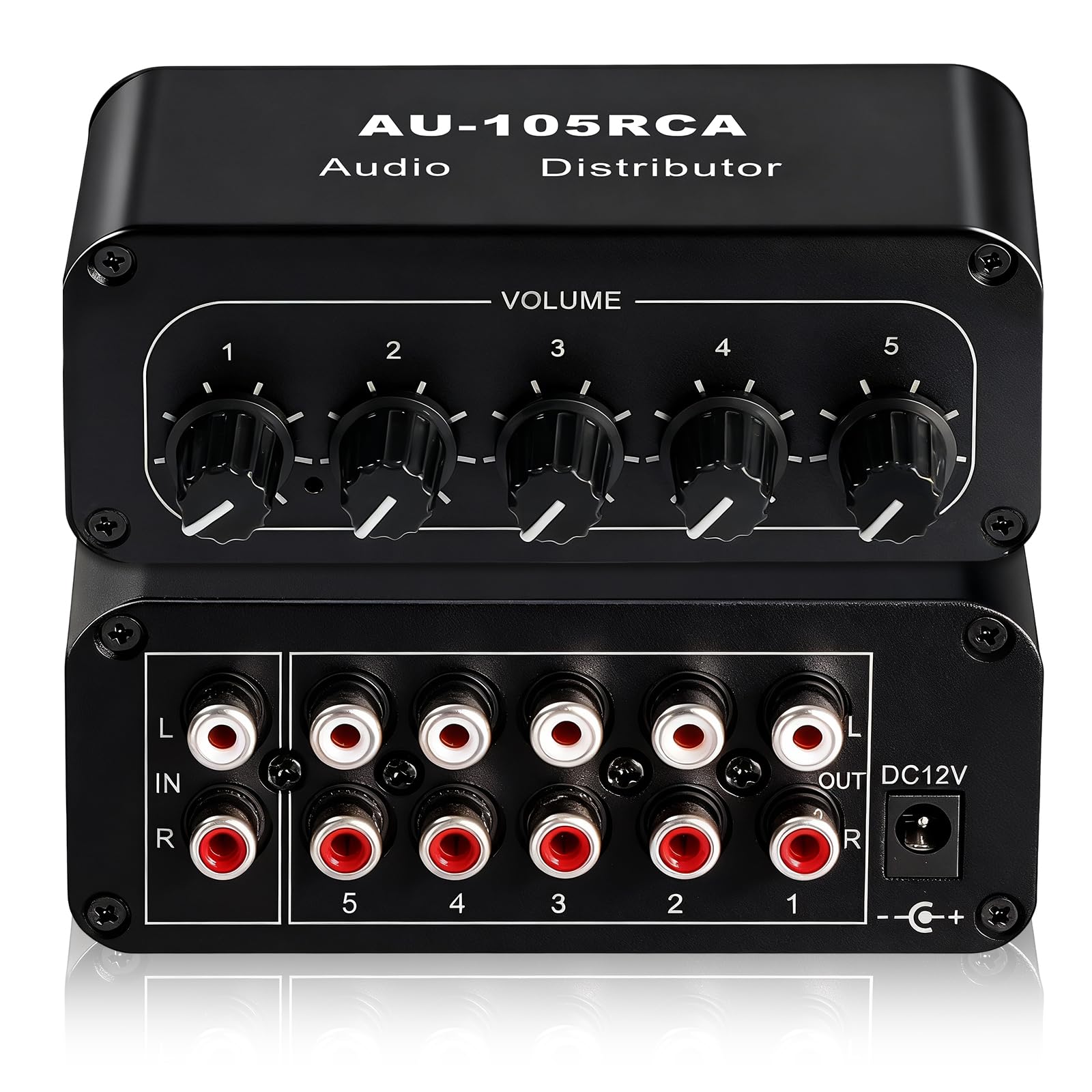 Splitter audio stereo RCA a 5 vie, 1 in 5 uscite, amplificatore di distribuzione audio, distributore di segnale RCA per altoparlanti, cuffie, amplificatori, con controllo del volume, guadagno