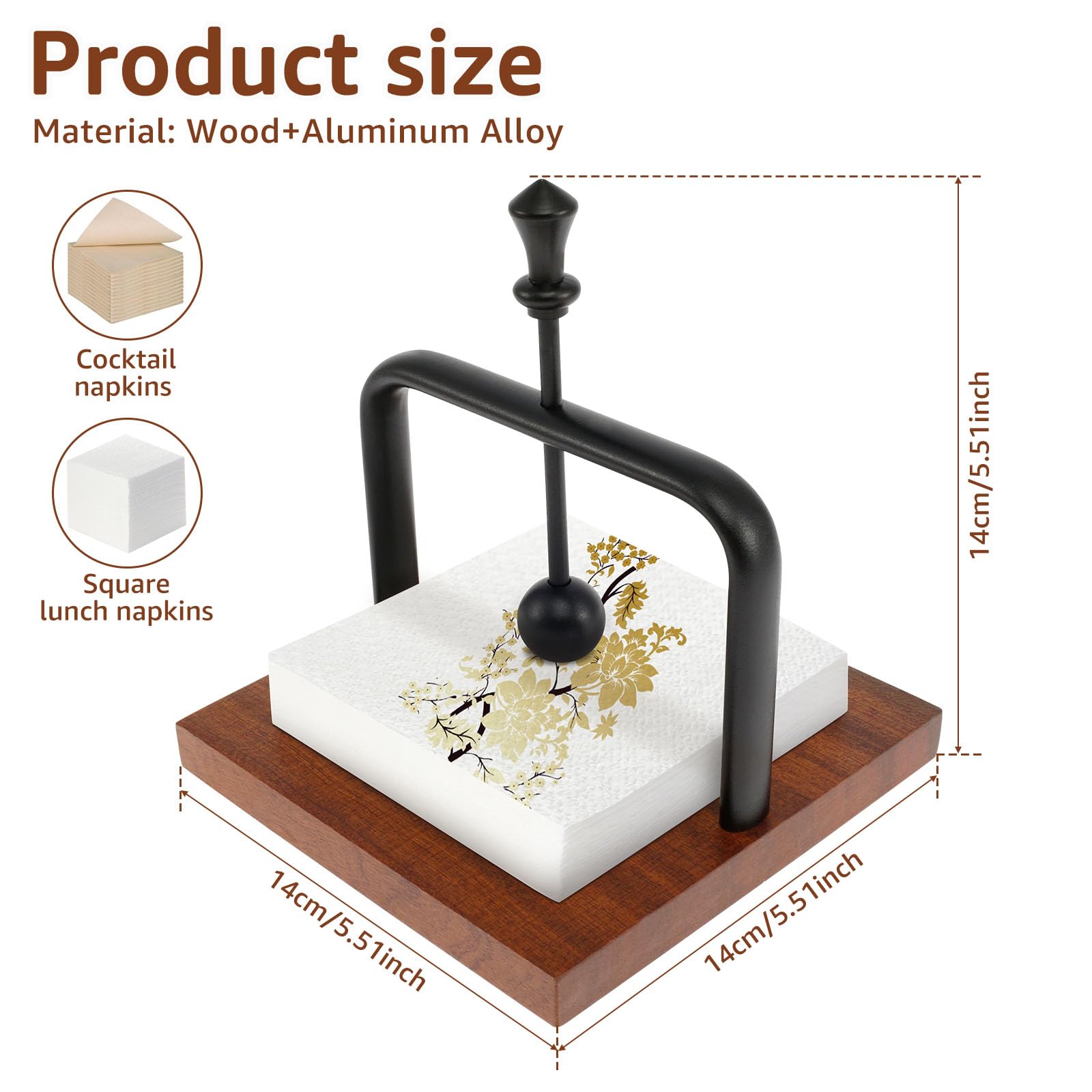 Wood Napkin Holder for Table, Tabletop Napkin Dispenser with Metal Center Bar, Cocktail Napkin Holder, Wood Napkin Holders for Paper Napkins, Suitable for Kitchen, Restaurant, Bar, Office, Parties