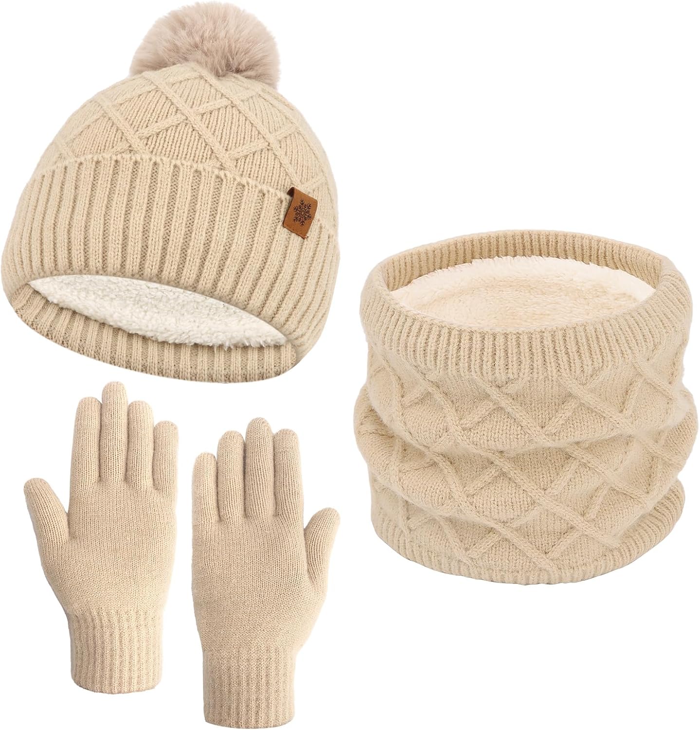 Hat Gloves Scarf Set Women, Winter Beanie with Pom Pom Warm Gloves Neck Warmers 3 in 1 Set