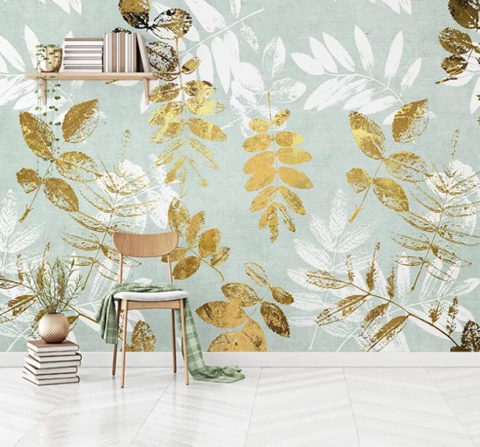 Wallpaper-3D-Xlm 300Cm×210Cm(B×H) Abstract Hand Drawn Gold Leaves Art 3D Wallpaper Easy Install Feature Office Living Room Sofa Bedroom Tv Background Wall Decoration-300Cm×210Cm