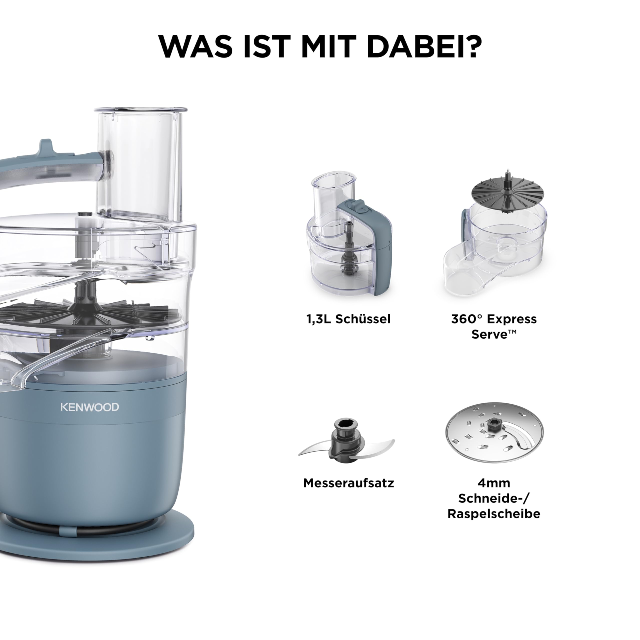 Kenwood MultiPro Compact – Kompakte Küchenmaschine mit Express Serve, Edelstahlmesser, Schneid- und Raspelscheiben, Pulse-Funktion, Blau (FDP23.130GY)