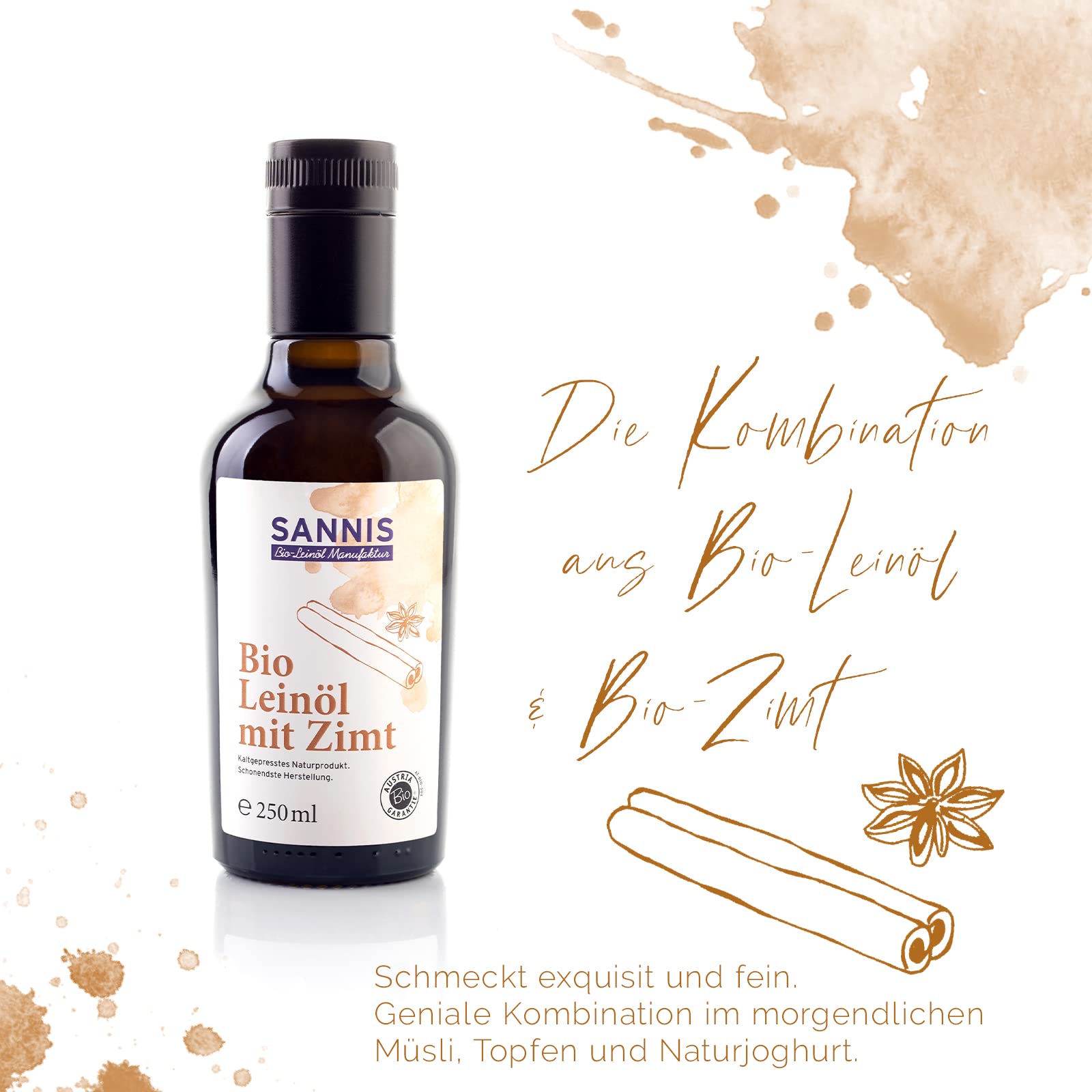 Sannis Bio-Leinöl mit Zimt 250 ml I Leinsamenöl aus kontrolliert biologischem Anbau I kaltgepresst & ungefiltert I reich an Omega-3-Fettsäuren I Leinöl ideal für Müsli, Quark & Joghurt