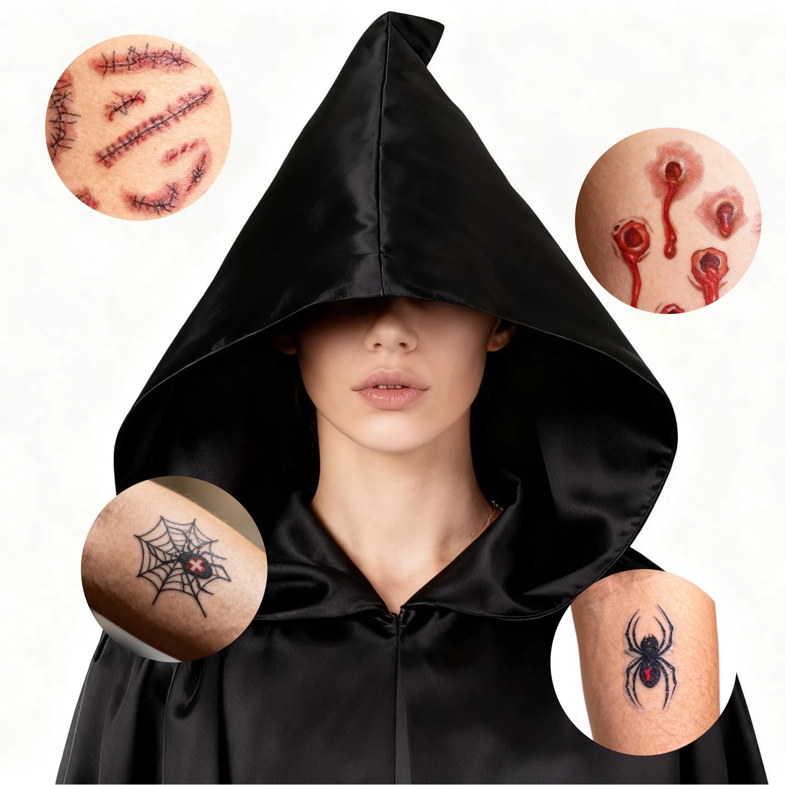 Black Cape, Black Cloak with Hood,Velvet Hooded for Halloween Costume Adults & Kids,with Bonus Scary Tattoo Stickers (M) - Image 3