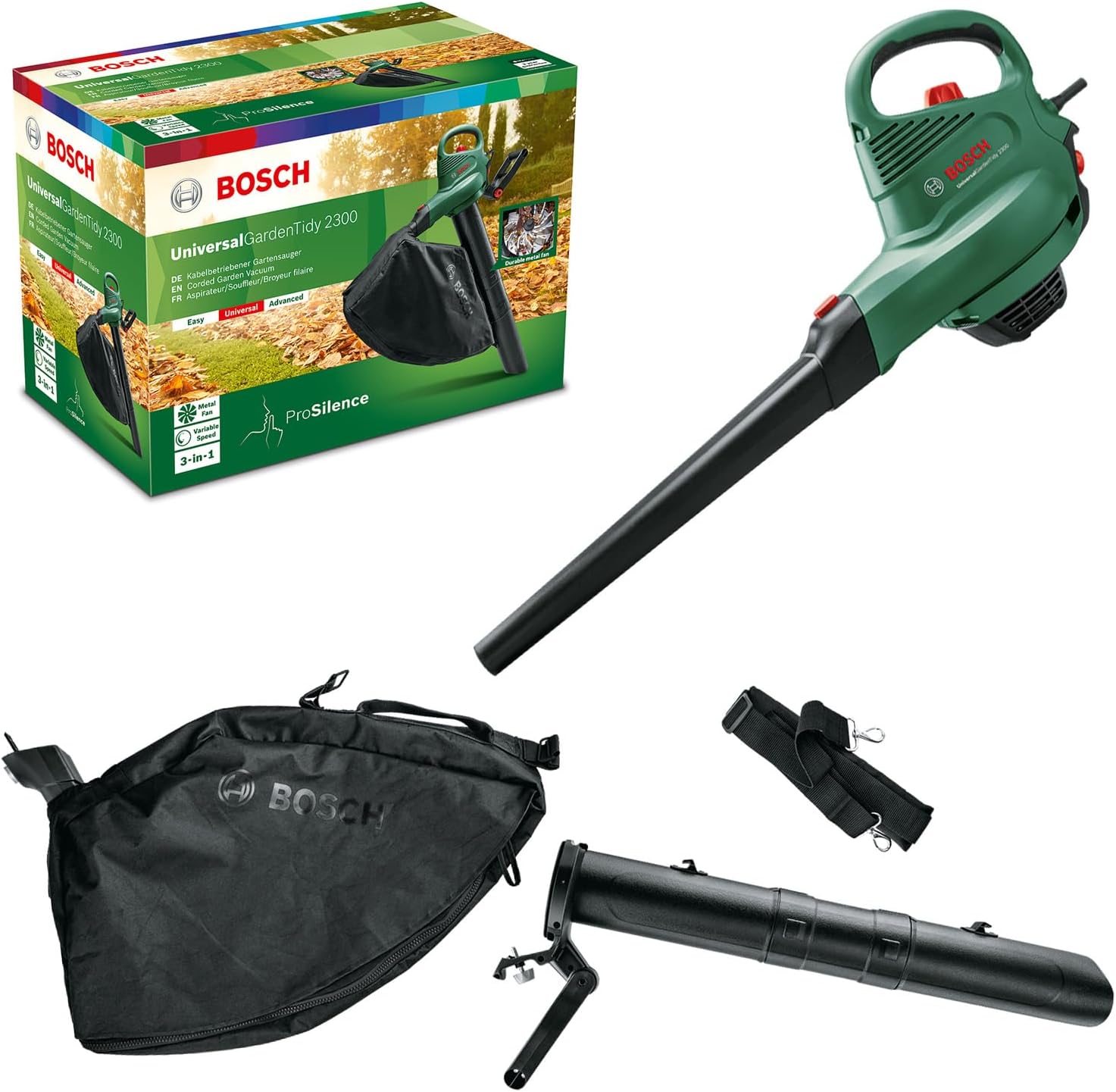 Electric Leaf Blower and Vacuum Universal Garden Tidy 2300 (2000 W, collection bag 45 l, 3-in-1 function , low noise level of 99 dB (A))