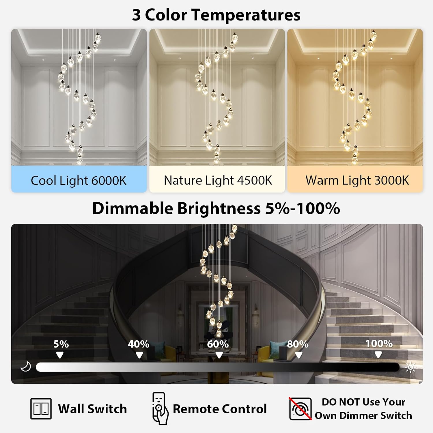 Crystal LED High Ceiling Chandelier: Remote Dimmable Long Pendant Light Fixtures - Spiral Drop Flush Mount Sloped Ceilings Modern Chandeliers For Entryway Living Room Foyer Staircase Stairs 20 Lights