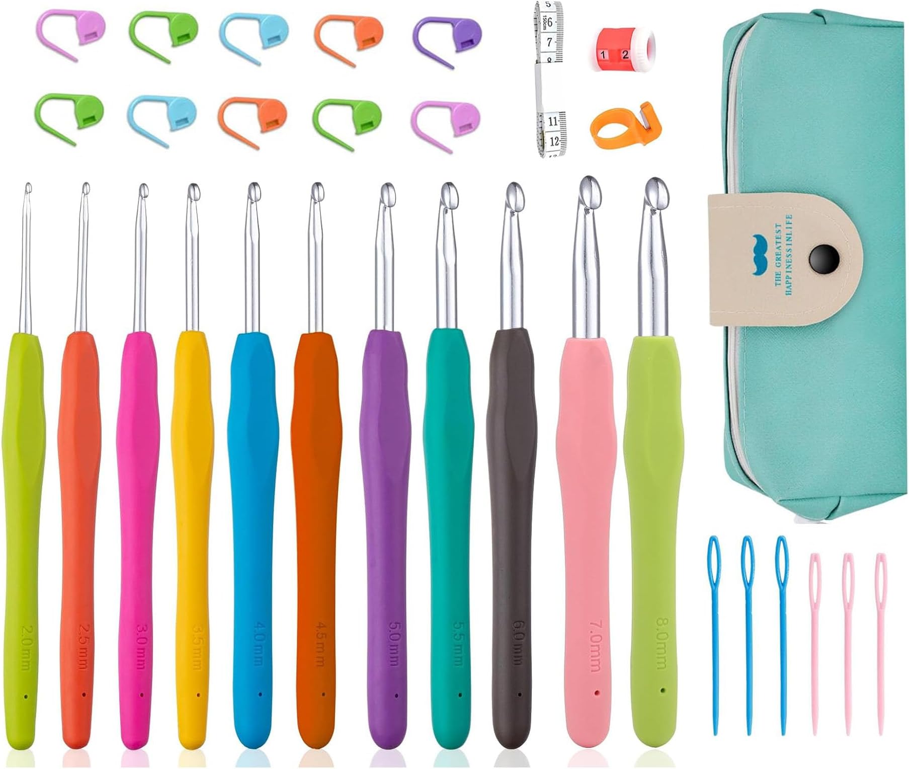 Lot De 29 Crochets Ergonomiques + Aiguilles + Marqueurs – Idéal Pour Mains Arthritiques, Poignées Souples Et Antidérapantes