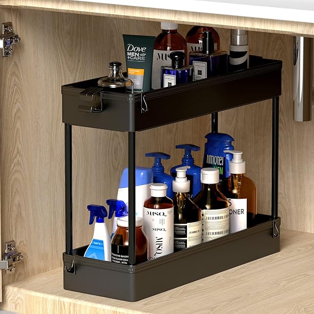 SPACEKEEPER Under Sink Organizers Storage, Bathroom Under Sink Shelf Basket, 2 Tier Bath Organizers and Storage Rack with Hooks, Undersink Kitchen Shelf Multi-Purpose, 40x13x31cm, Black