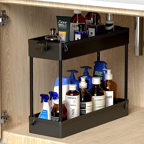 SPACEKEEPER Under Sink Organizers Storage, Bathroom Under Sink Shelf Basket, 2 Tier Bath Organizers and Storage Rack with Hooks, Under Kitchen Sink Shelf Multi-purpose, Black