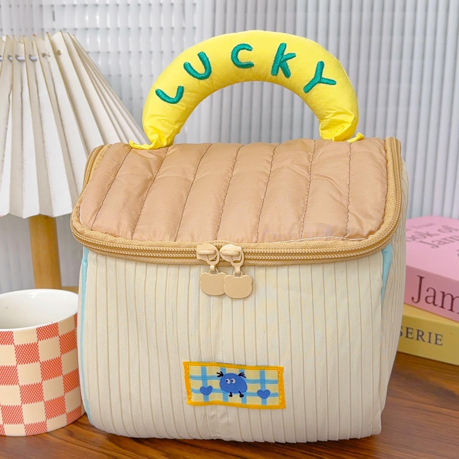 Portable Two Way Zipper Handheld Travel Toiletry Bag Cartoon Pattern Cute Hut Large Capacity Cosmetic Organizer Handbag,coffee Yellow image 5
