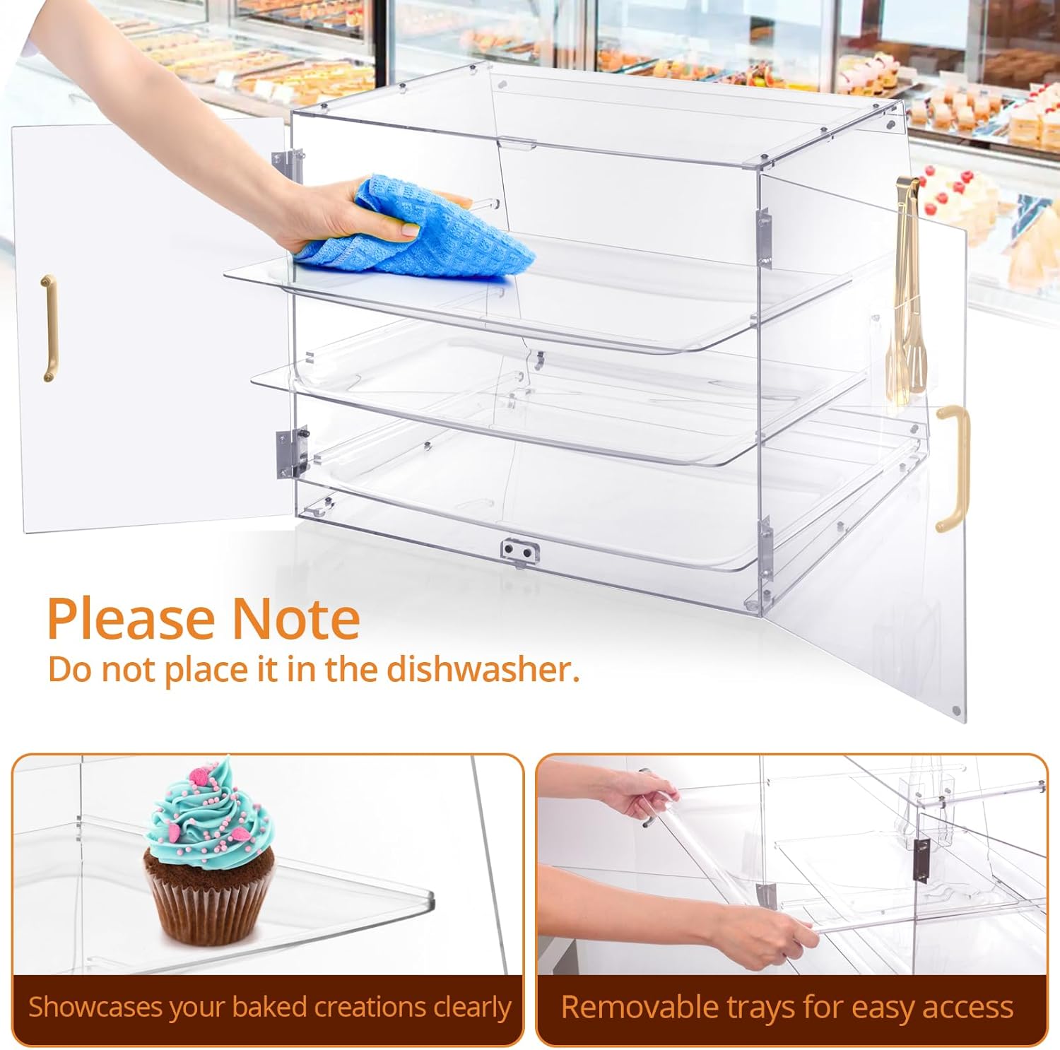 Pastry Display Case, Bakery Display Case - 3 Tier Acrylic Clear Bread Storage Box Countertop for Pastry Desserts Food Cookie with Rear Door Access & Removable Shelves, 20.86 x 17.3 x 16.5 inch