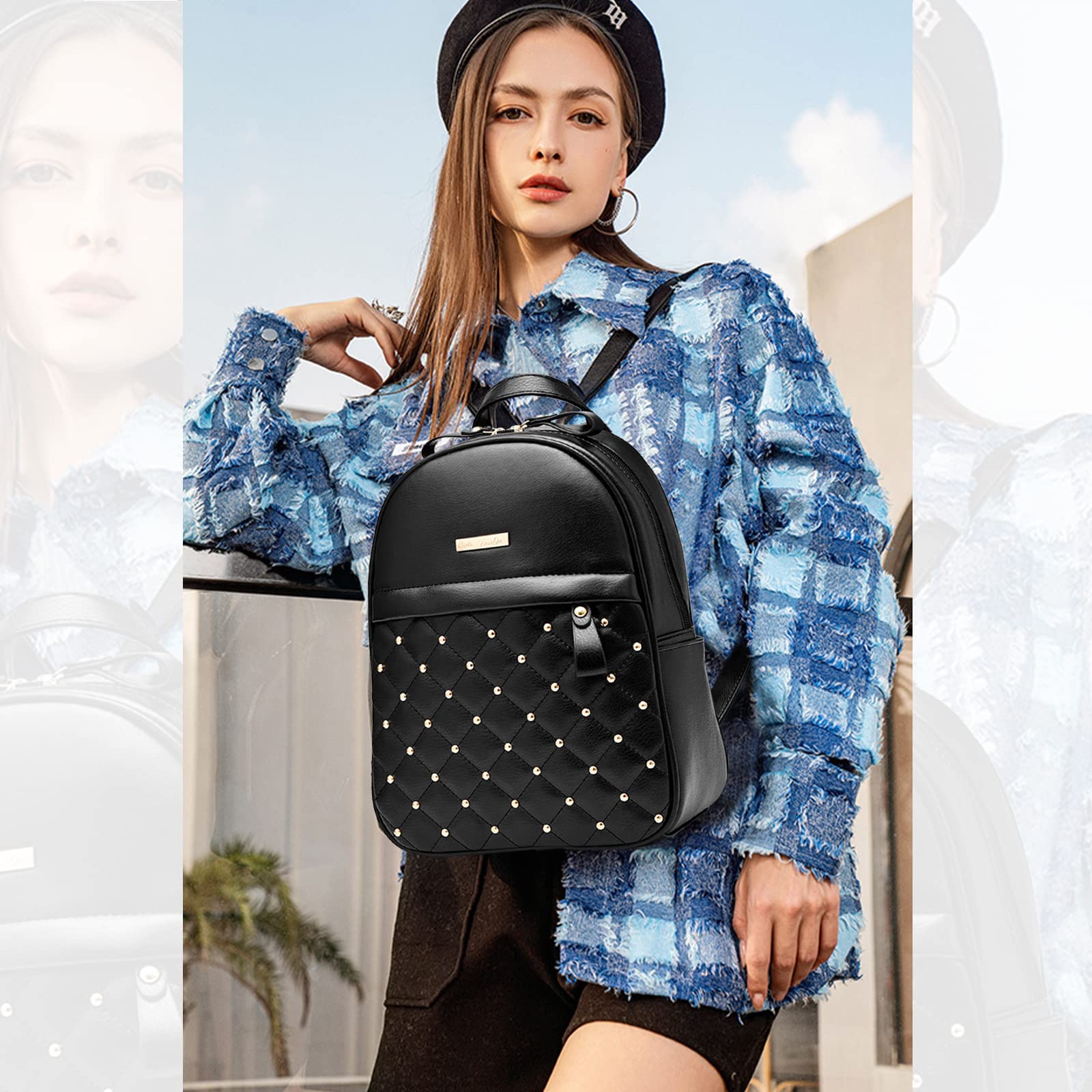 ADITAM Plecak damski Modny plecak Torebka Plecak na co dzień PU Skórzane plecaki Mały plecak Tornister College Plecak podróżny Studded Design Ciemnoniebieski