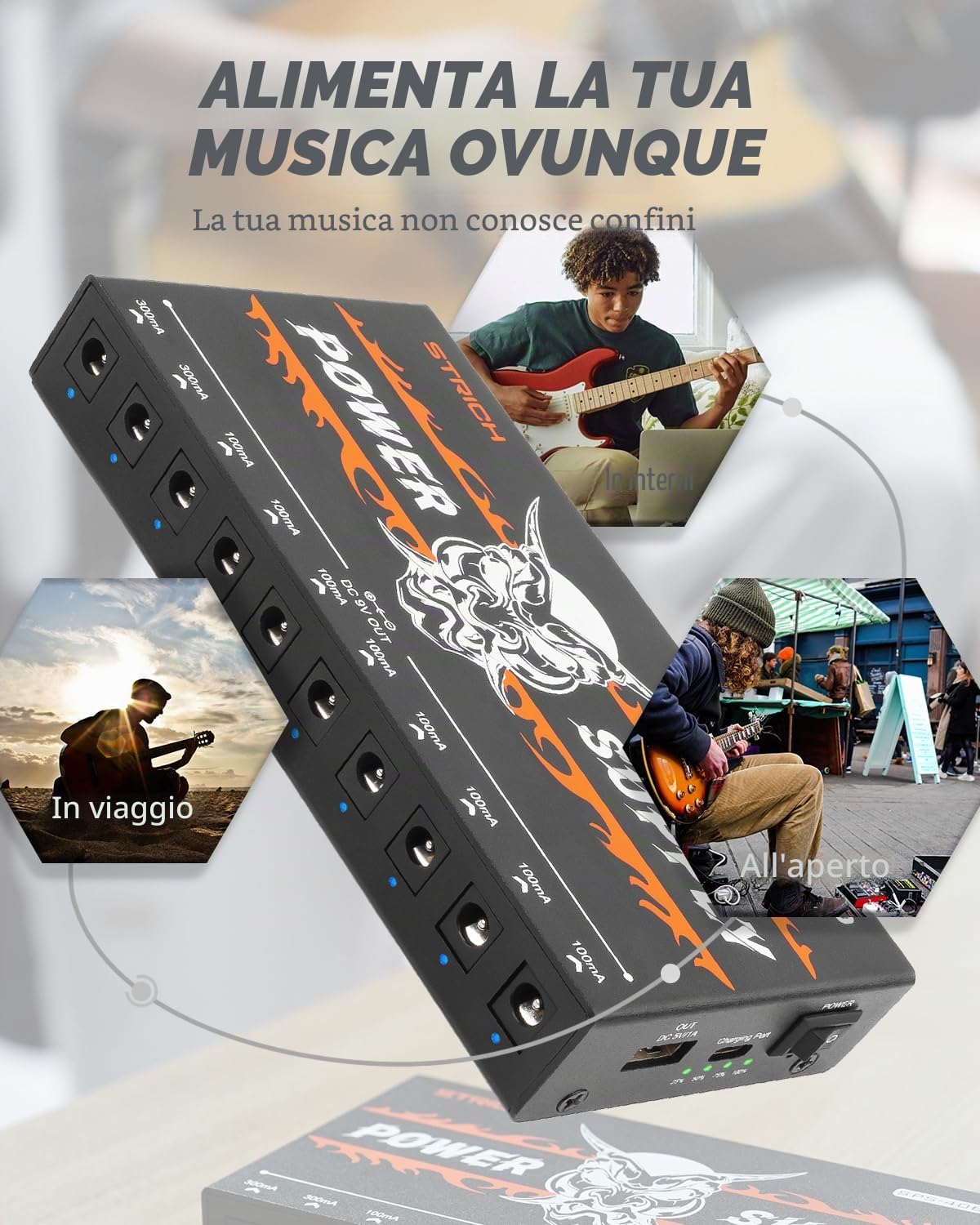 STRICH SPS-40B - Alimentatore a pedale con 10000 mAh 10 uscite DC 9 V (2 x 300 mA, 8 x 100 mA), jack per pedali per chitarra e basso, batteria ricaricabile per effetti a pedale per chitarra, porta USB