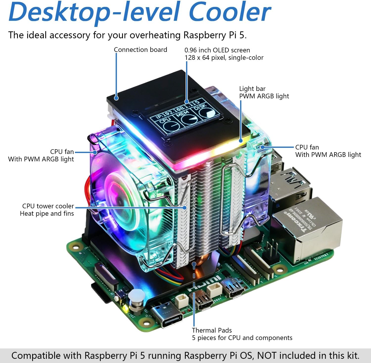 Freenove Active Cooler for Raspberry Pi 5 with 2 Fans and OLED Screen, Aluminum Heatsink with Heat Pipe, Dual PWM Fans with ARGB Light Sync, Multiple Cooling and Lighting Modes