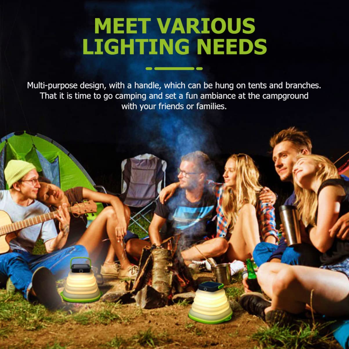 Linterna de camping, 5 piezas de respaldo y colgante al aire libre con tienda portátil, luz plegable, lámpara de linterna, batería USB, kit de camping LED de emergencia, campamento solar, viaje, negro