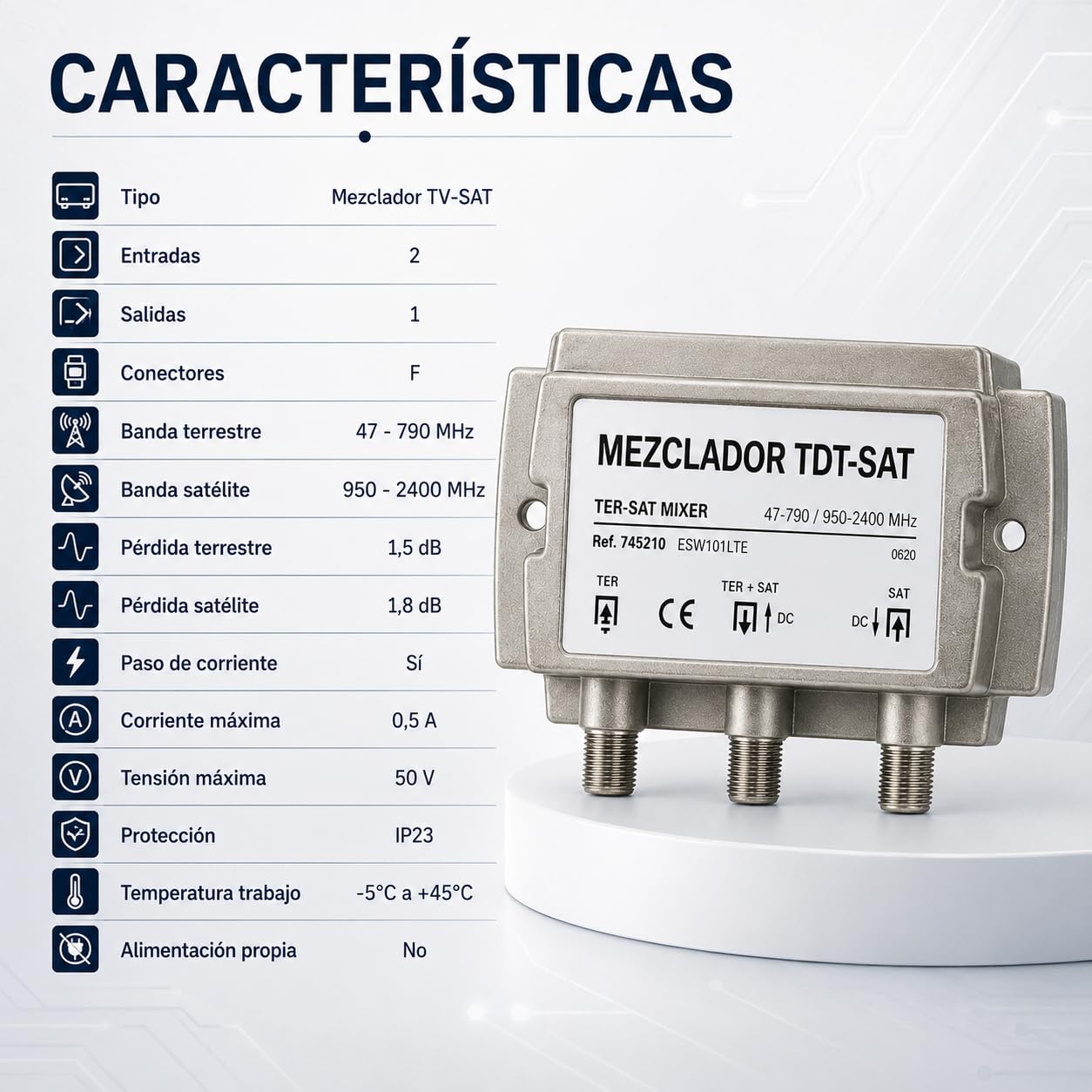 CABLEPELADO Mezclador de señal terrestre y satélite | TDT-SAT 1.5dB | Apto para distribuir las señales de TDT y Satélite por el mismo cable