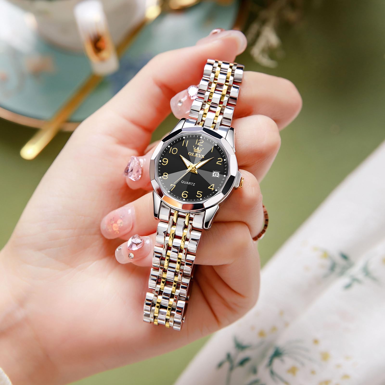 OLEVS Reloj de pulsera para mujer, correa de acero inoxidable, moderno, analógico, cuarzo, números arábigos, fácil de leer, luminoso, resistente al agua, con esfera pequeña y fecha