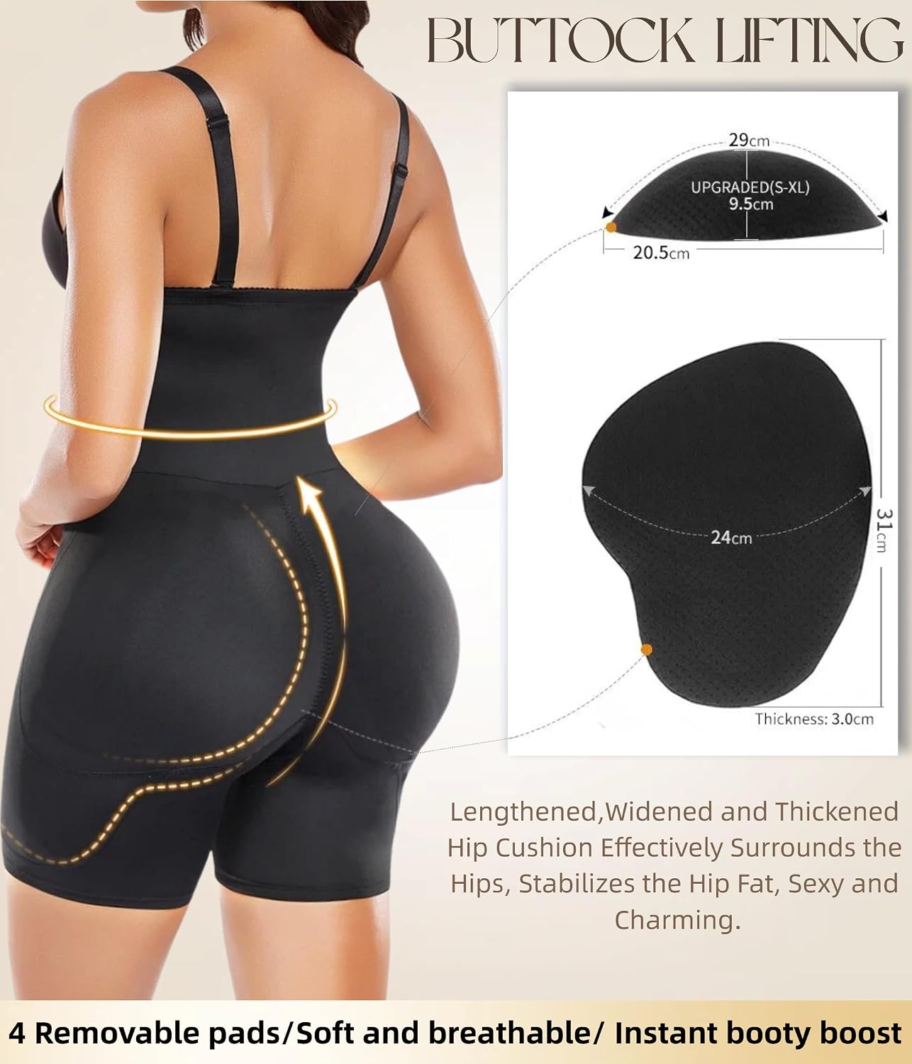 Hip Pads Shapewear Tummy Control Butt Lifting, Seamless High Waisted Shapewear for Women with Butt Pads
